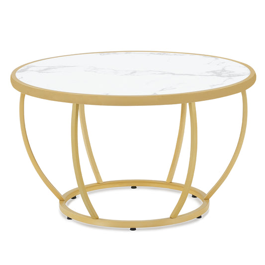 BarberPub Couchtisch Rund Holz, Moderner Sofatisch, Kleiner Beistelltisch Metall, Kaffeetisch für Wohnzimmer, Schönheitssalon, Wohnzimmertisch Marmor-Weiß Gold, 80x80x46,5cm, 2185