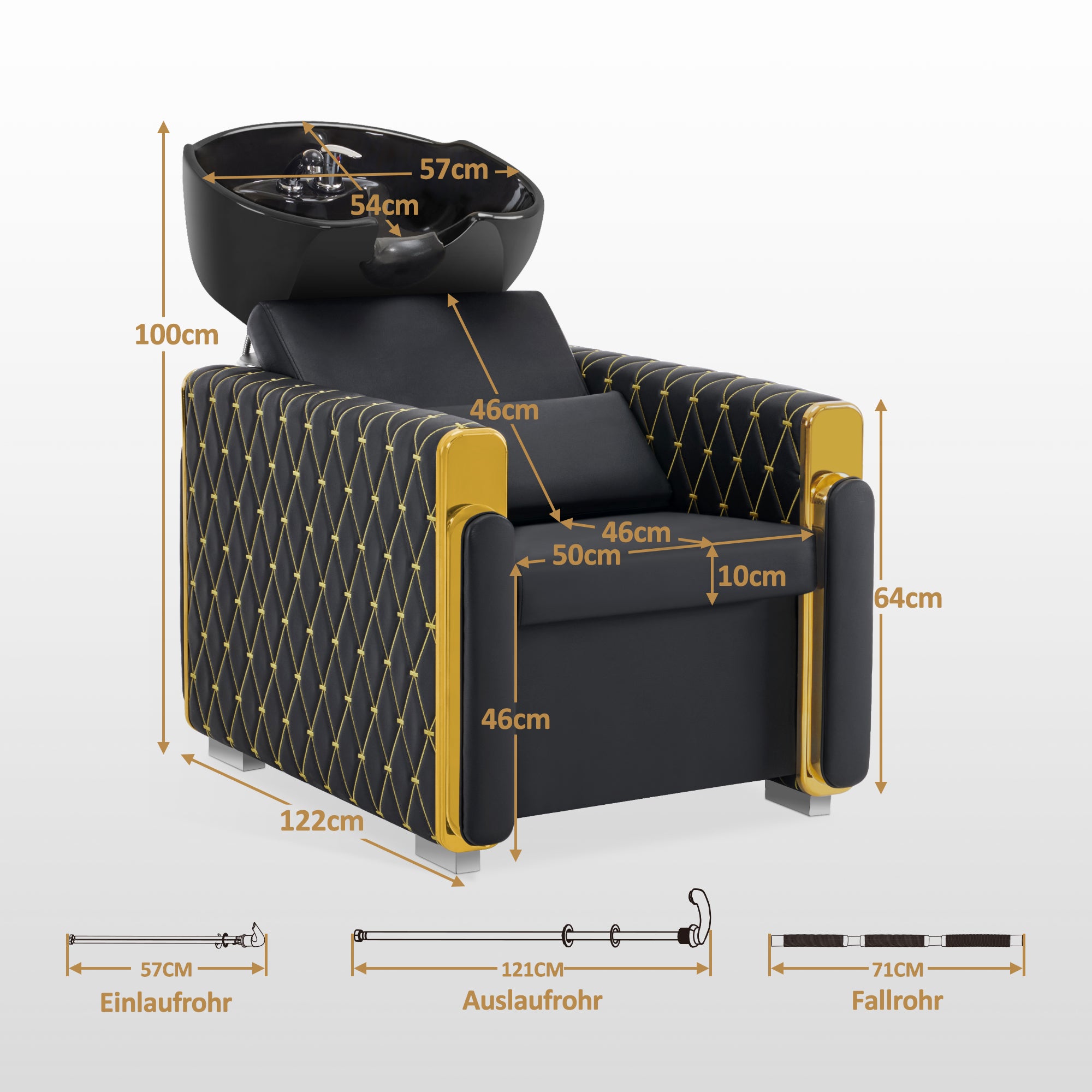 BarberPub Friseurstuhl mit Waschbecken Retro, Friseurwaschbecken aus Keramik Verstellbar, Friseurwaschsessel für SPA Salon, Friseur Waschplatz 8631 (Schwarz-Gold/Kunstleder)