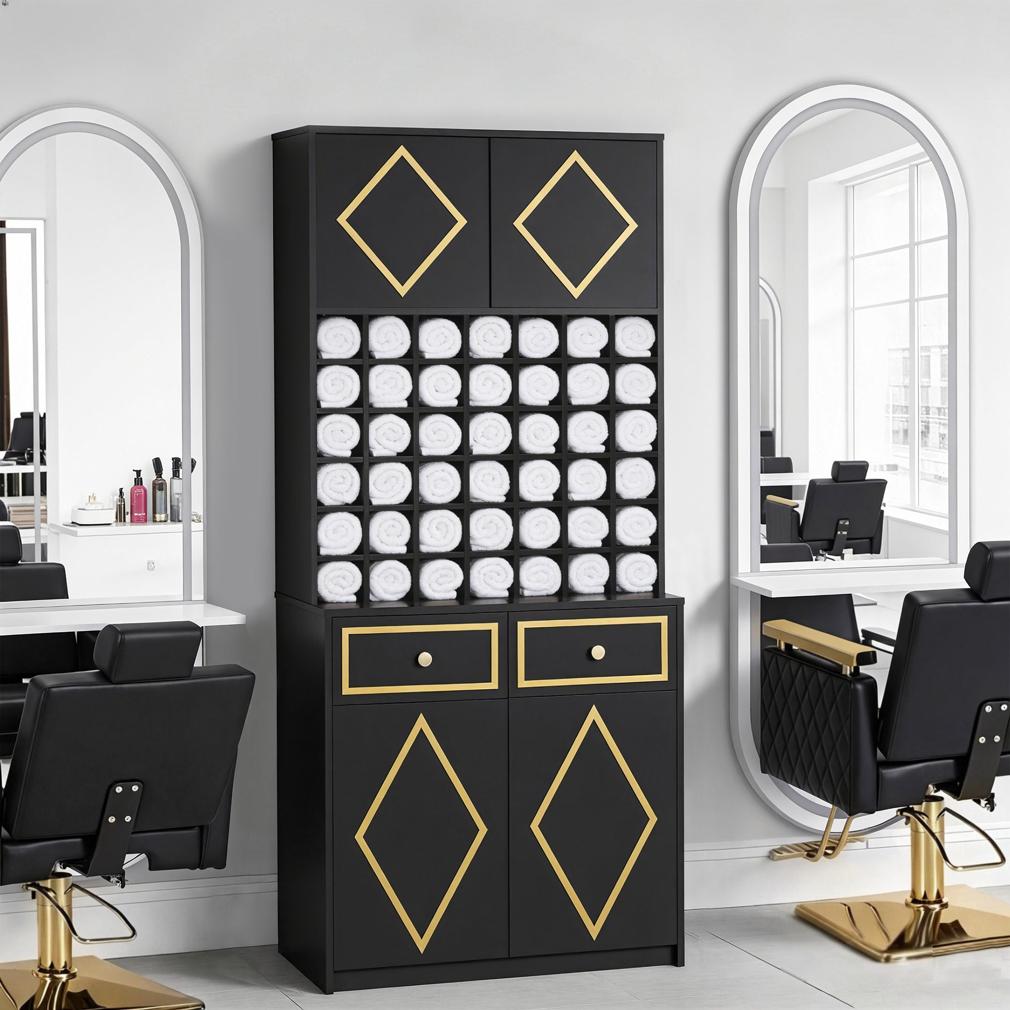 BarberPub Handtuchschrank mit 2 Schubladen, 42 Offenen Fächern & 4 Schränken, Badezimmerschrank Schwarz, Hochschrank Aufbewahrungsschrank Holz für Friseursalon, Schönheitssalon 40x80x180 cm, R6194