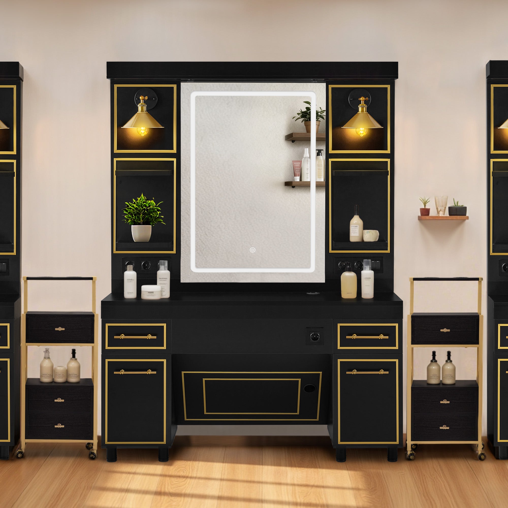 BarberPub Friseurplatz mit 2 Schubladen, Schminktisch mit Spiegel, Bedienungsplatz mit 4 Ablagen & 2 Schränken, Spiegelschrank aus Holz, Spiegeltisch mit Beleuchtung, 3161 (Schwarz-Gold)
