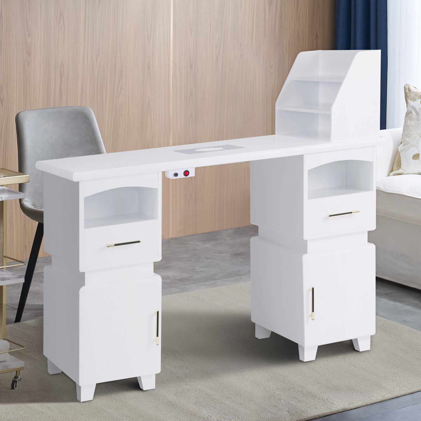 Barberpub Manikürtisch mit 2 Schubladen, Nageltisch mit Absaugung Weiß, Nagelfrisiertisch aus Holz, 4 Schrank, Regal, 2 Staubsaugerbeutel, Schreibtisch für Nagelstudio, 55x120x112,5cm, 2456