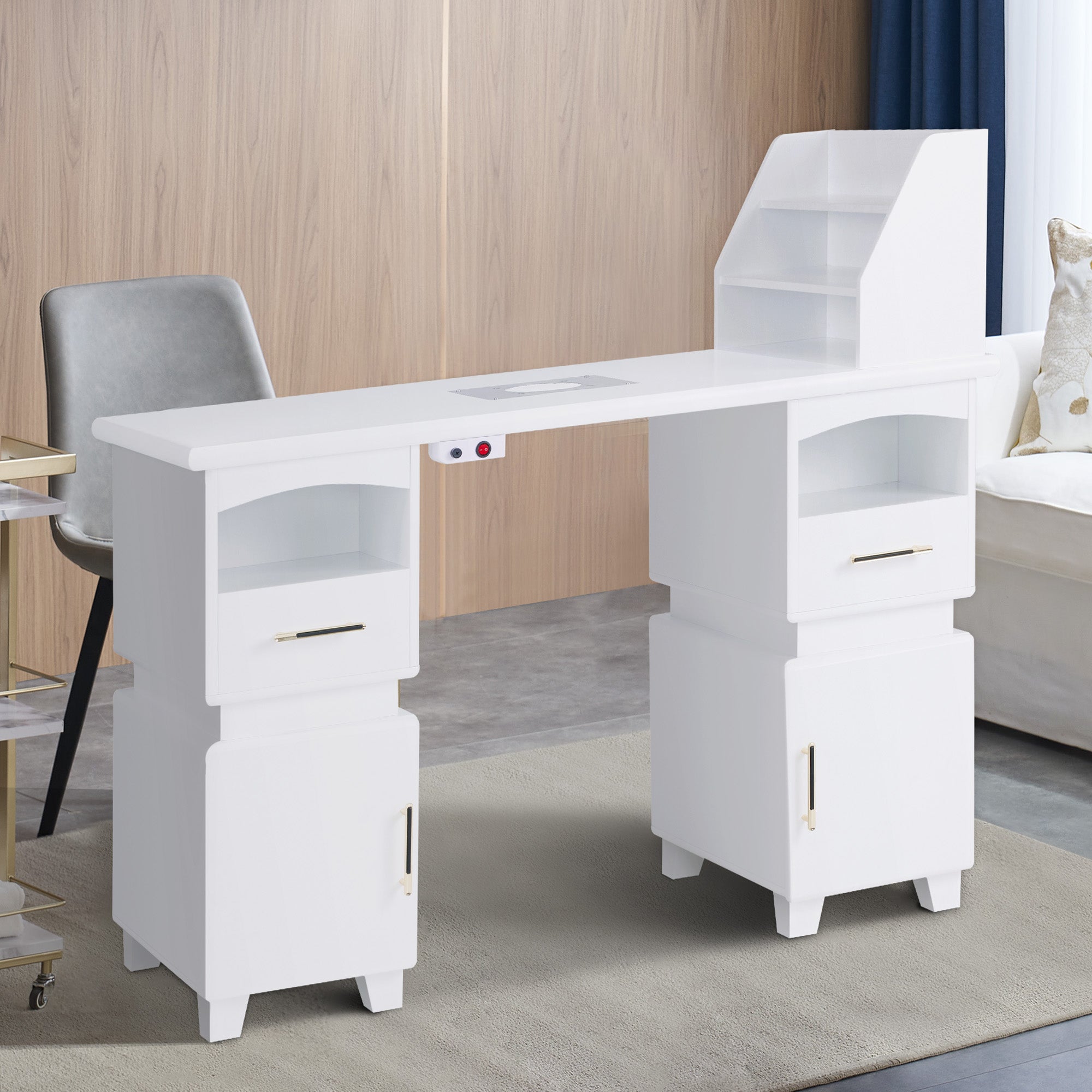Barberpub Manikürtisch mit 2 Schubladen, Nageltisch mit Absaugung Weiß, Nagelfrisiertisch aus Holz, 4 Schrank, Regal, 2 Staubsaugerbeutel, Schreibtisch für Nagelstudio, 55x120x112,5cm, 2456
