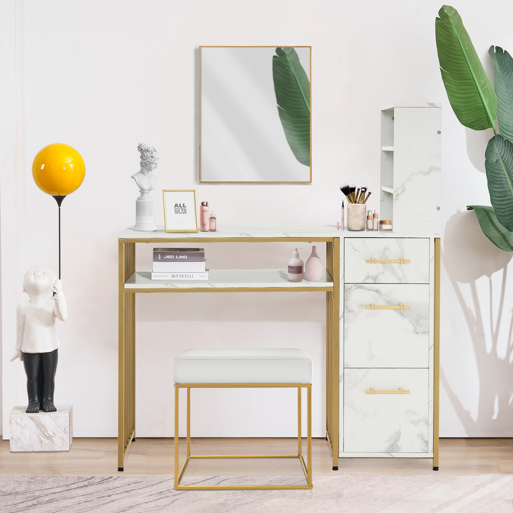 Barberpub Schreibtisch mit 3 Schubladen, Nageltisch aus Holz Metallgestell, Manikürtisch Marmor-Weiß Gold, Schminktisch ohne Spiegel Modern, Computertisch mit Regal Wohnzimmer, 43x108x125cm, 2420