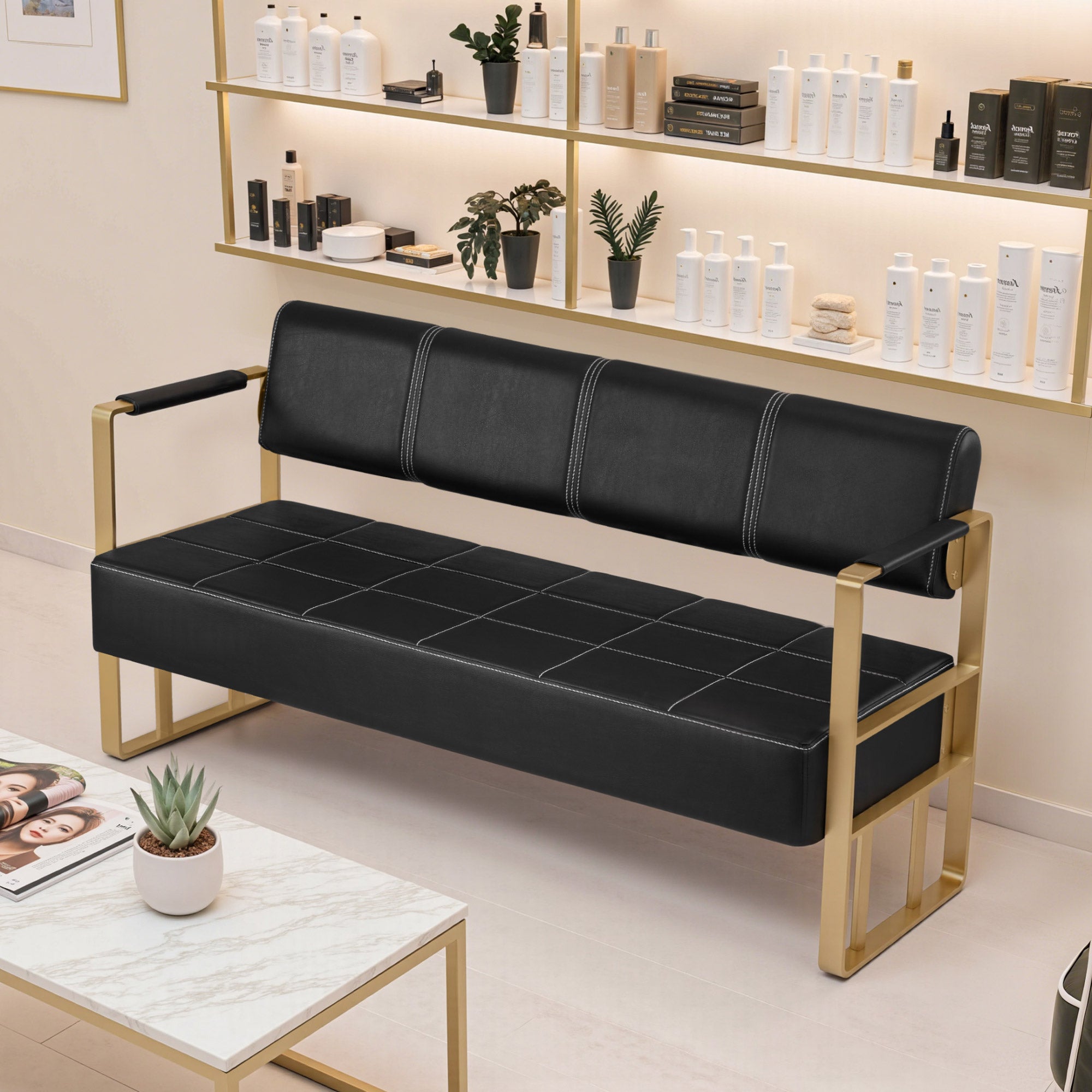 BarberPub 3-Sitzer Sitzbank mit goldenen Armlehne, Polsterbank mit Rückenlehne 140cm, Wartebank Friseur, Wohnzimmerbank, Friseureinrichtung W528 (Schwarz-Gold/Kunstleder)
