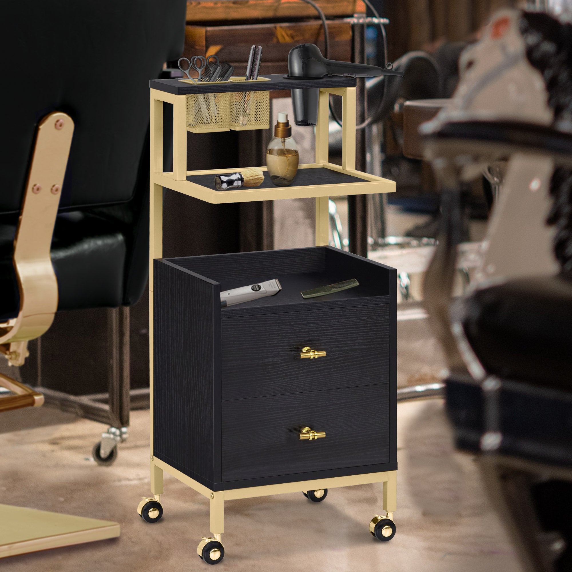 BarberPub Friseurwagen mit Rollen & 2 Schubladen, Rollwagen Servierwagen, Salon Trolley mit 2 Ablagen & Föhnhalter, Moderner Arbeitswagen für Bad Wohnzimmer, 32x37x87cm, 0029