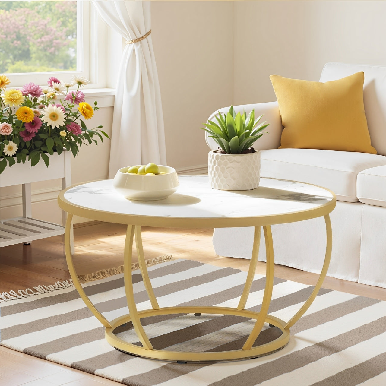 BarberPub Couchtisch Rund Holz, Moderner Sofatisch, Kleiner Beistelltisch Metall, Kaffeetisch für Wohnzimmer, Schönheitssalon, Wohnzimmertisch Marmor-Weiß Gold, 80x80x46,5cm, 2185