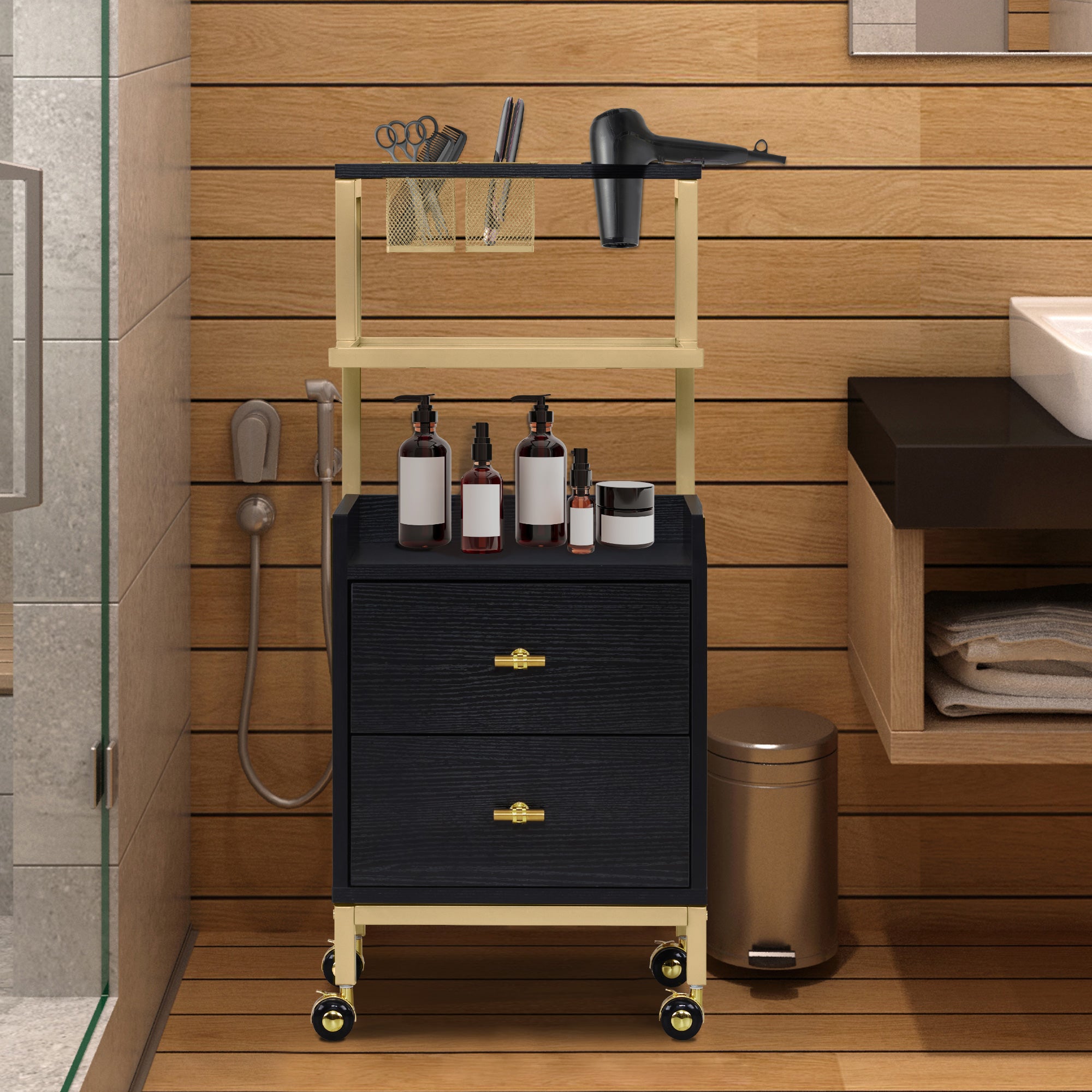 BarberPub Friseurwagen mit Rollen & 2 Schubladen, Rollwagen Servierwagen, Salon Trolley mit 2 Ablagen & Föhnhalter, Moderner Arbeitswagen für Bad Wohnzimmer, 32x37x87cm, 0029
