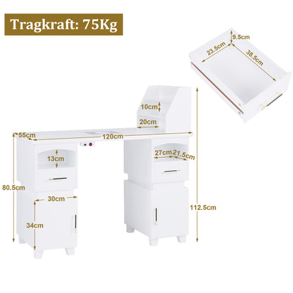 Barberpub Manikürtisch mit 2 Schubladen, Nageltisch mit Absaugung Weiß, Nagelfrisiertisch aus Holz, 4 Schrank, Regal, 2 Staubsaugerbeutel, Schreibtisch für Nagelstudio, 55x120x112,5cm, 2456