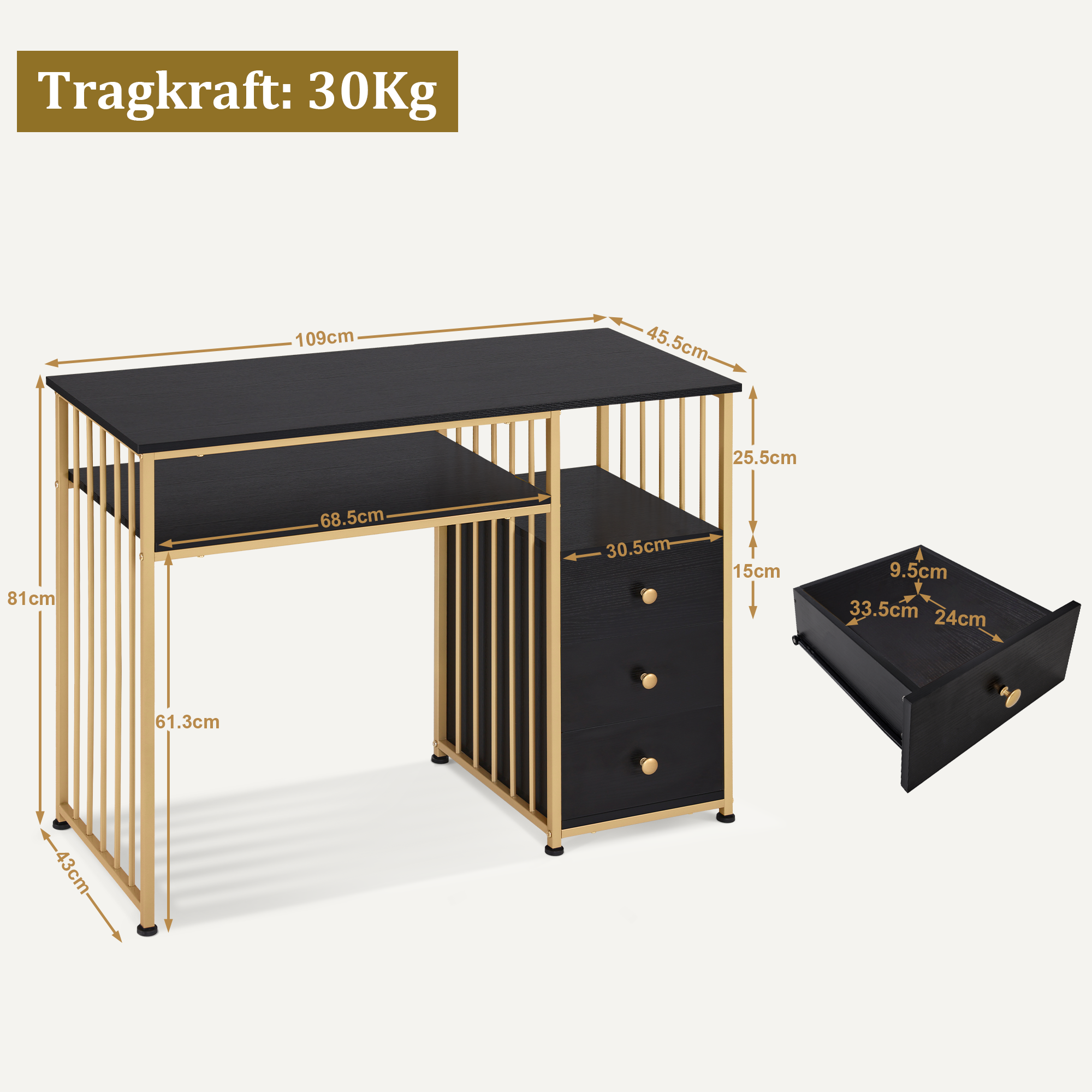 Barberpub Schreibtisch mit Schubladen, Schminktisch ohne Spiegel, Nageltisch aus Holz Metallgestell, Computertisch Wohnzimmer Modern, 109 x 45,5 x 81cm, 2407