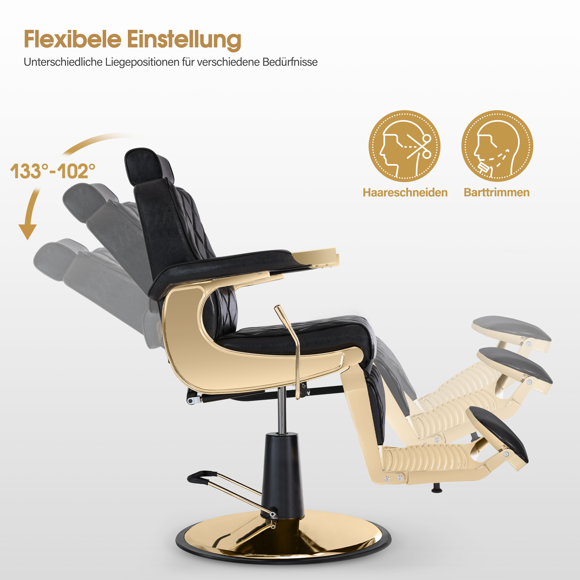 Barberpub Friseurstuhl mit Kopfstütze Kippbar, Friseureinrichtung  mit Hydraulikpumpe 360° Drehbar, Bedienungsstuhl Höhenverstellbar, Barber Stuhl Friseurstühle Kunstleder, 9671 (Gold-Schwarz)
