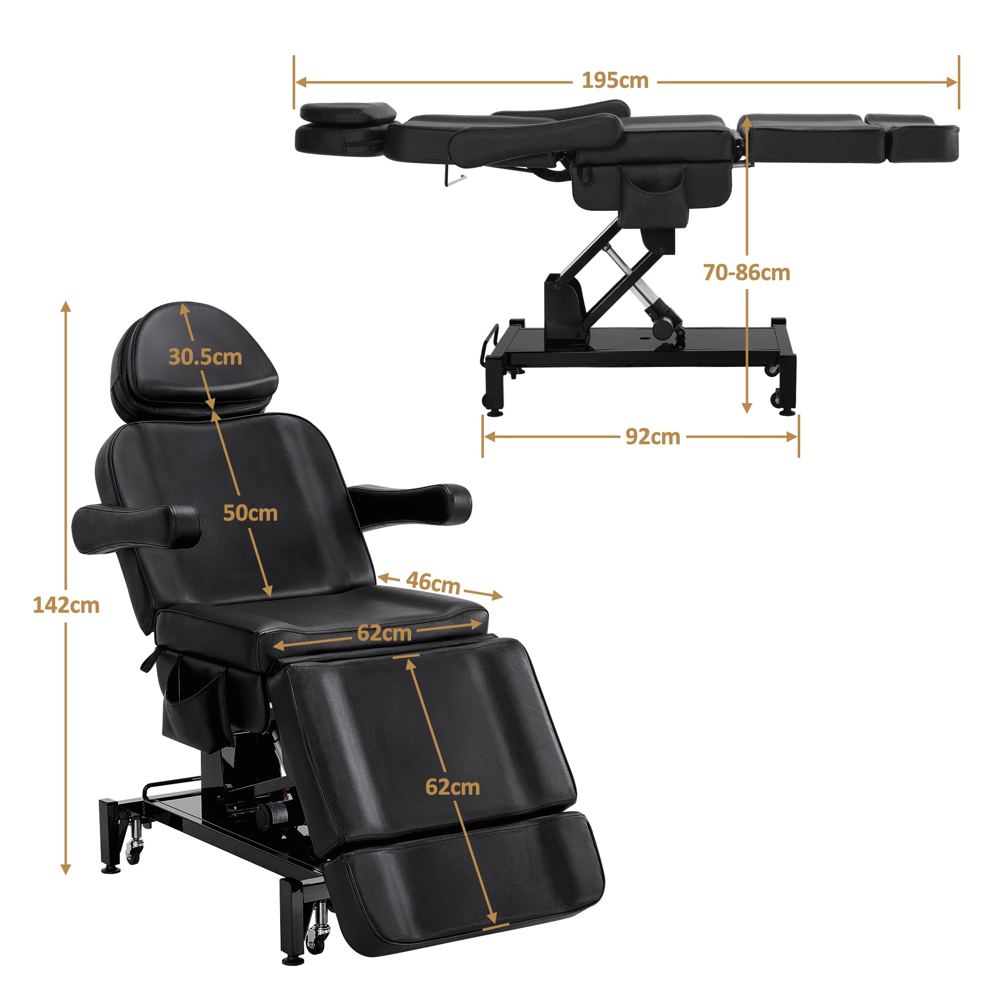 BarberPub Kosmetikliege Elektrisch mit 3 Motoren & Rollen, Massageliege Klappbar & 16CM Höhenverstellbar, 180°Drehbare Armlehnen, Tattoo Liege für SPA Salon 0754