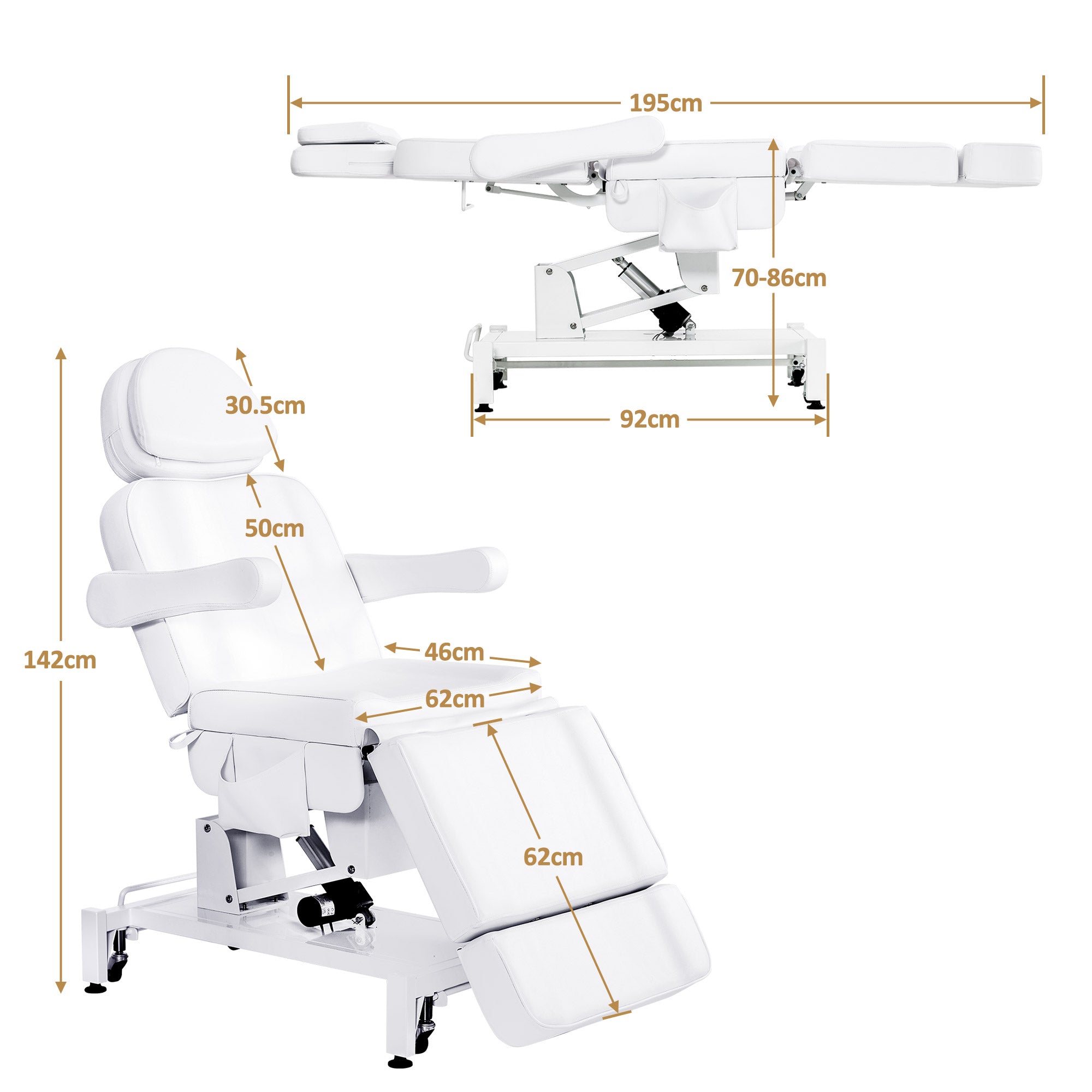 BarberPub Kosmetikliege Elektrisch mit 3 Motoren & Rollen, Massageliege Klappbar & 16CM Höhenverstellbar, 180°Drehbare Armlehnen, Tattoo Liege für SPA Salon 0754