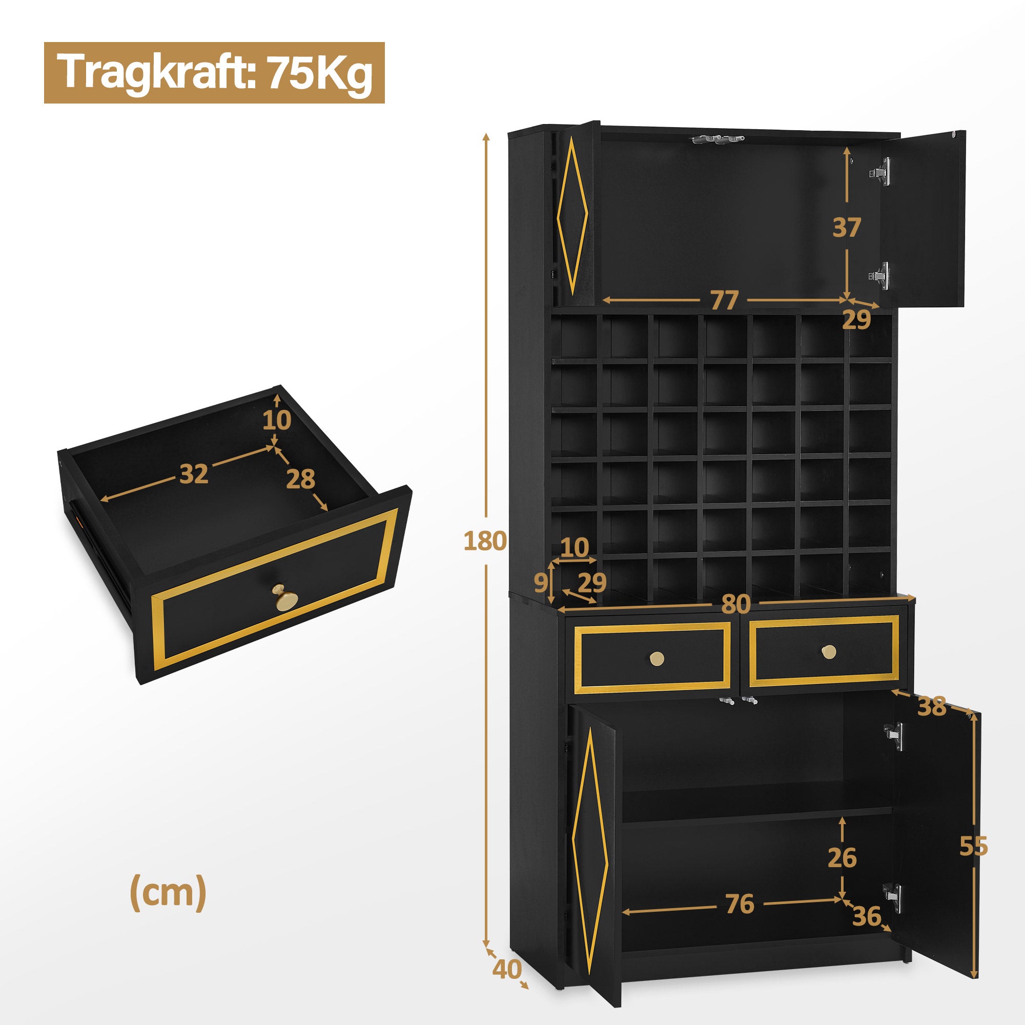 BarberPub Handtuchschrank mit 2 Schubladen, 42 Offenen Fächern & 4 Schränken, Badezimmerschrank Schwarz, Hochschrank Aufbewahrungsschrank Holz für Friseursalon, Schönheitssalon 40x80x180 cm, R6194