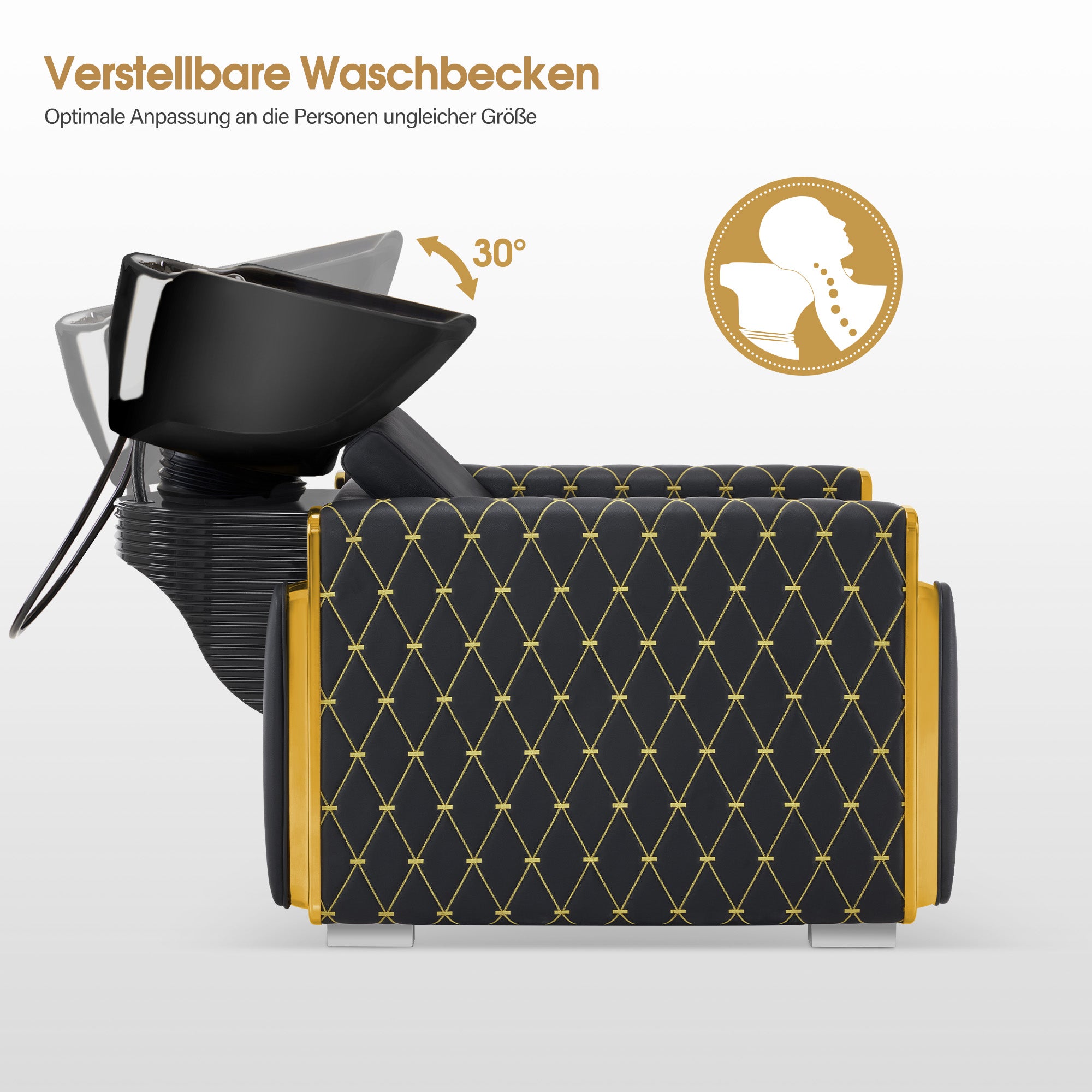 BarberPub Friseurstuhl mit Waschbecken Retro, Friseurwaschbecken aus Keramik Verstellbar, Friseurwaschsessel für SPA Salon, Friseur Waschplatz 8631 (Schwarz-Gold/Kunstleder)