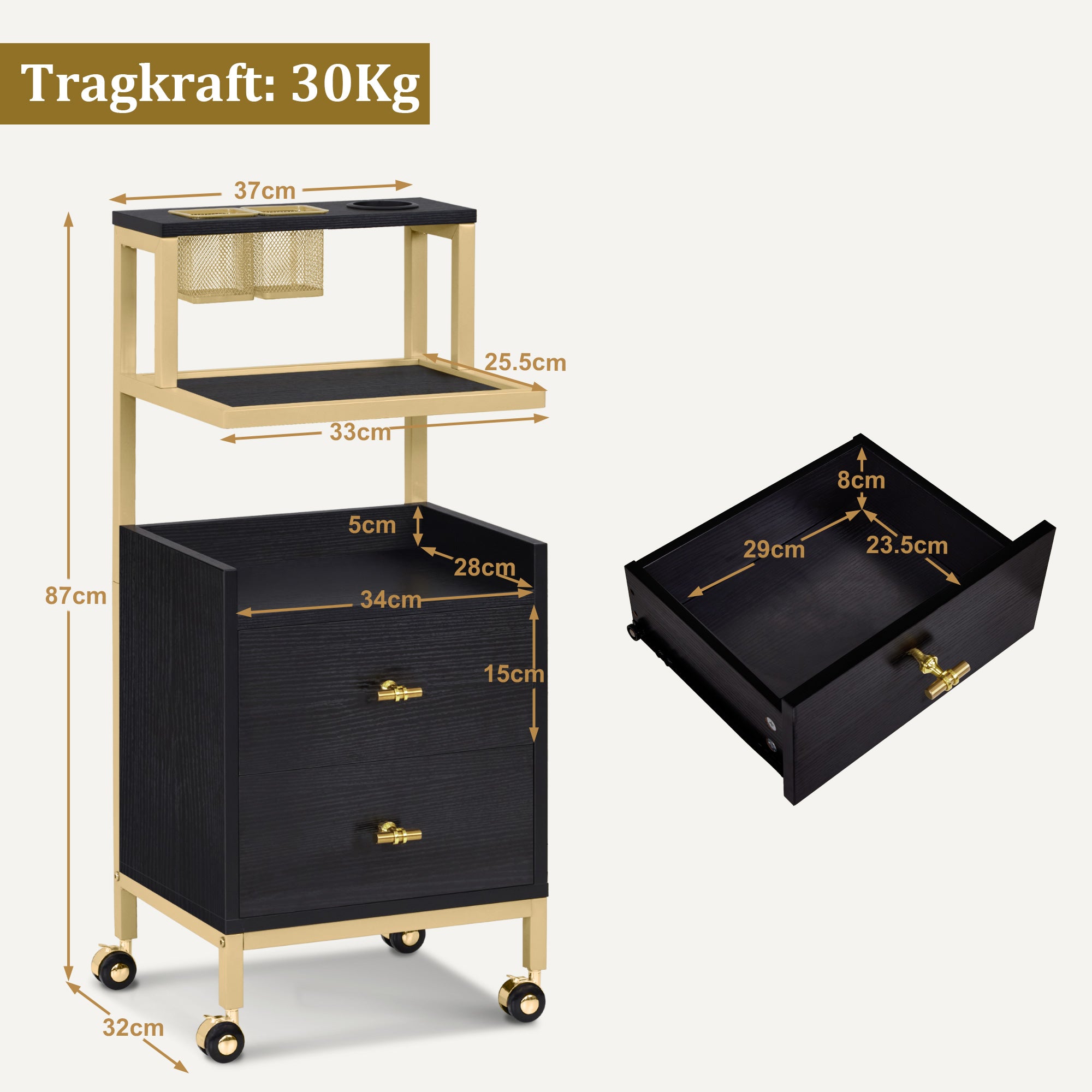 BarberPub Friseurwagen mit Rollen & 2 Schubladen, Rollwagen Servierwagen, Salon Trolley mit 2 Ablagen & Föhnhalter, Moderner Arbeitswagen für Bad Wohnzimmer, 32x37x87cm, 0029