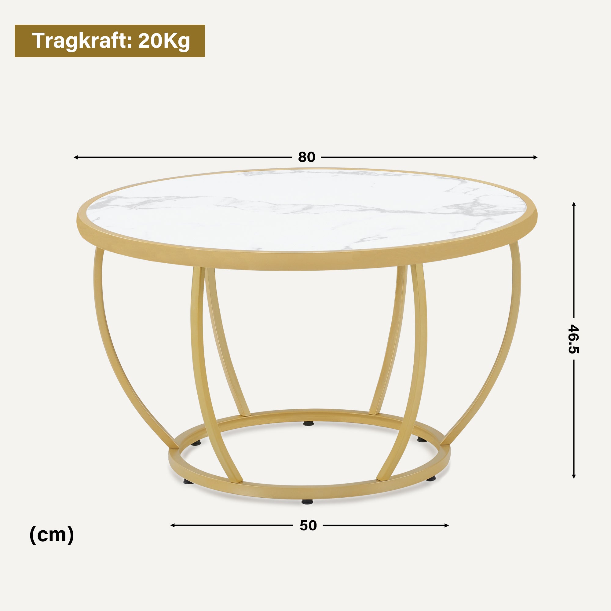 BarberPub Couchtisch Rund Holz, Moderner Sofatisch, Kleiner Beistelltisch Metall, Kaffeetisch für Wohnzimmer, Schönheitssalon, Wohnzimmertisch Marmor-Weiß Gold, 80x80x46,5cm, 2185