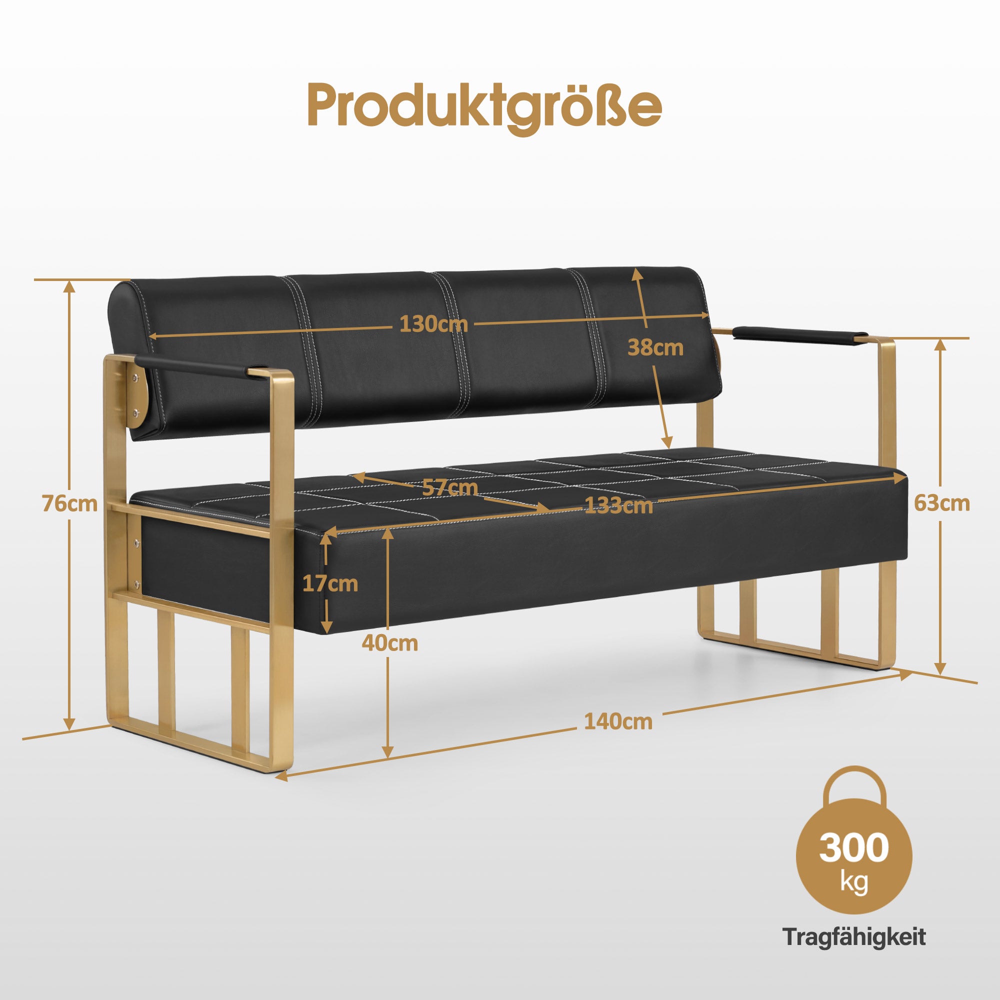 BarberPub 3-Sitzer Sitzbank mit goldenen Armlehne, Polsterbank mit Rückenlehne 140cm, Wartebank Friseur, Wohnzimmerbank, Friseureinrichtung W528 (Schwarz-Gold/Kunstleder)