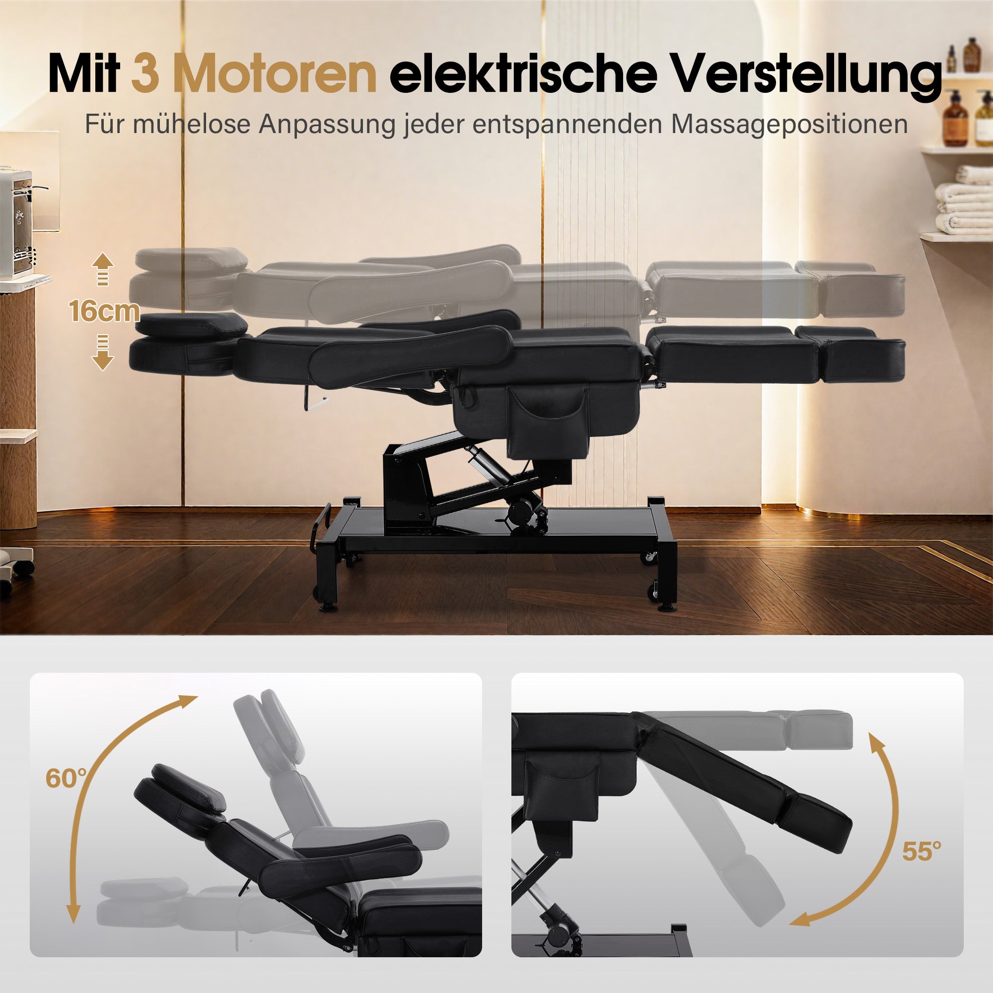 BarberPub Kosmetikliege Elektrisch mit 3 Motoren & Rollen, Massageliege Klappbar & 16CM Höhenverstellbar, 180°Drehbare Armlehnen, Tattoo Liege für SPA Salon 0754