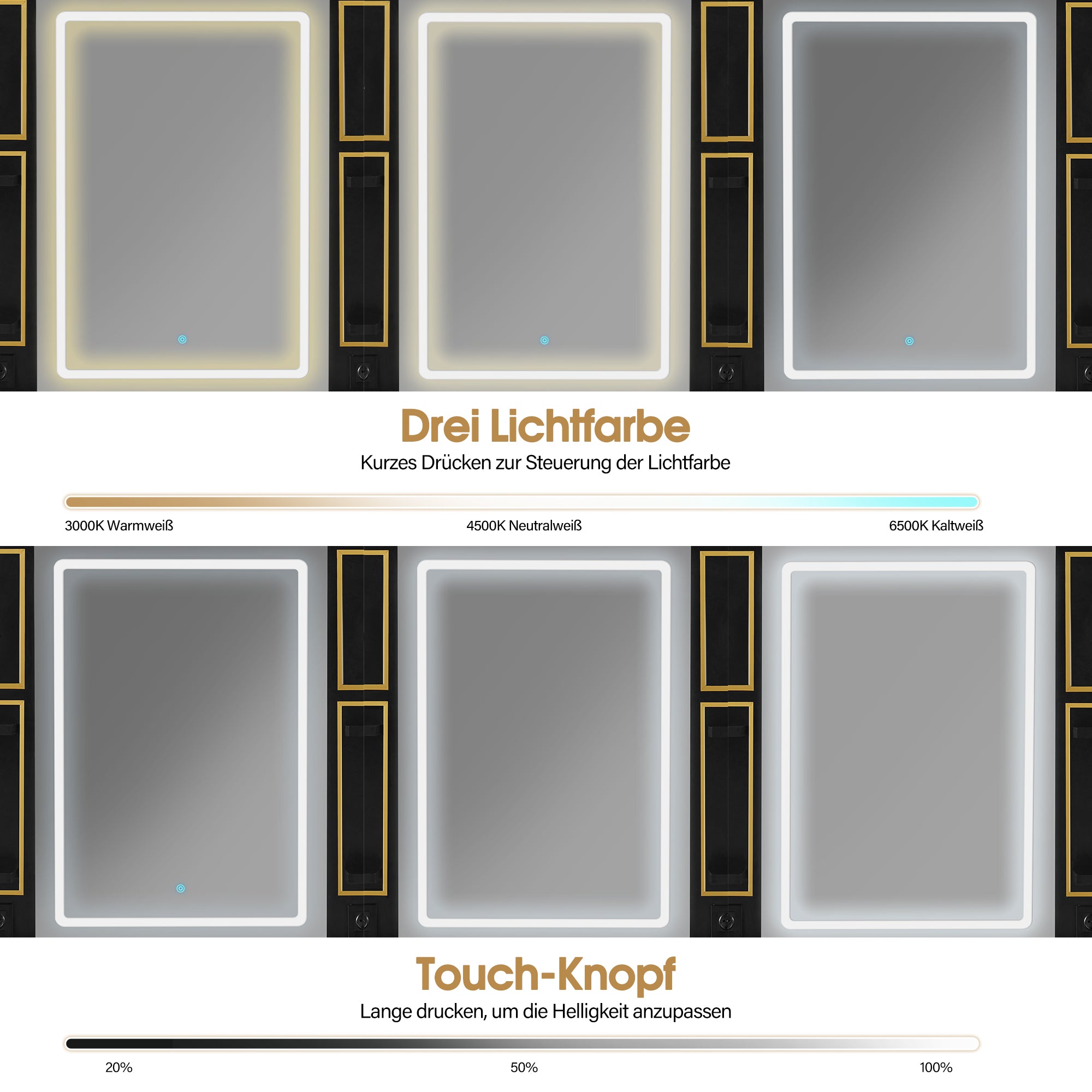 BarberPub Friseurplatz mit 2 Schubladen, Schminktisch mit Spiegel, Bedienungsplatz mit 4 Ablagen & 2 Schränken, Spiegelschrank aus Holz, Spiegeltisch mit Beleuchtung, 3161 (Schwarz-Gold)