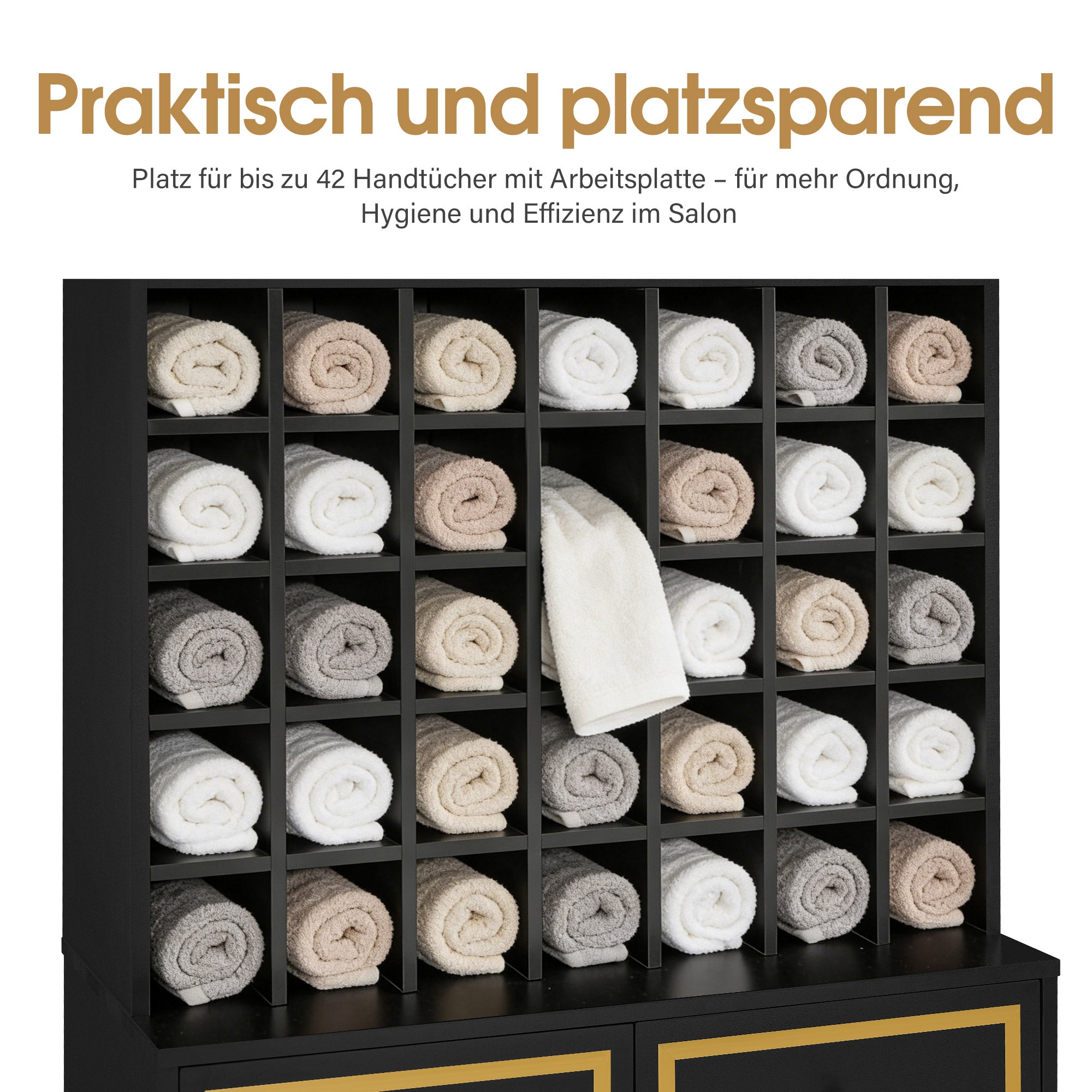 BarberPub Handtuchschrank mit 2 Schubladen, 42 Offenen Fächern & 4 Schränken, Badezimmerschrank Schwarz, Hochschrank Aufbewahrungsschrank Holz für Friseursalon, Schönheitssalon 40x80x180 cm, R6194