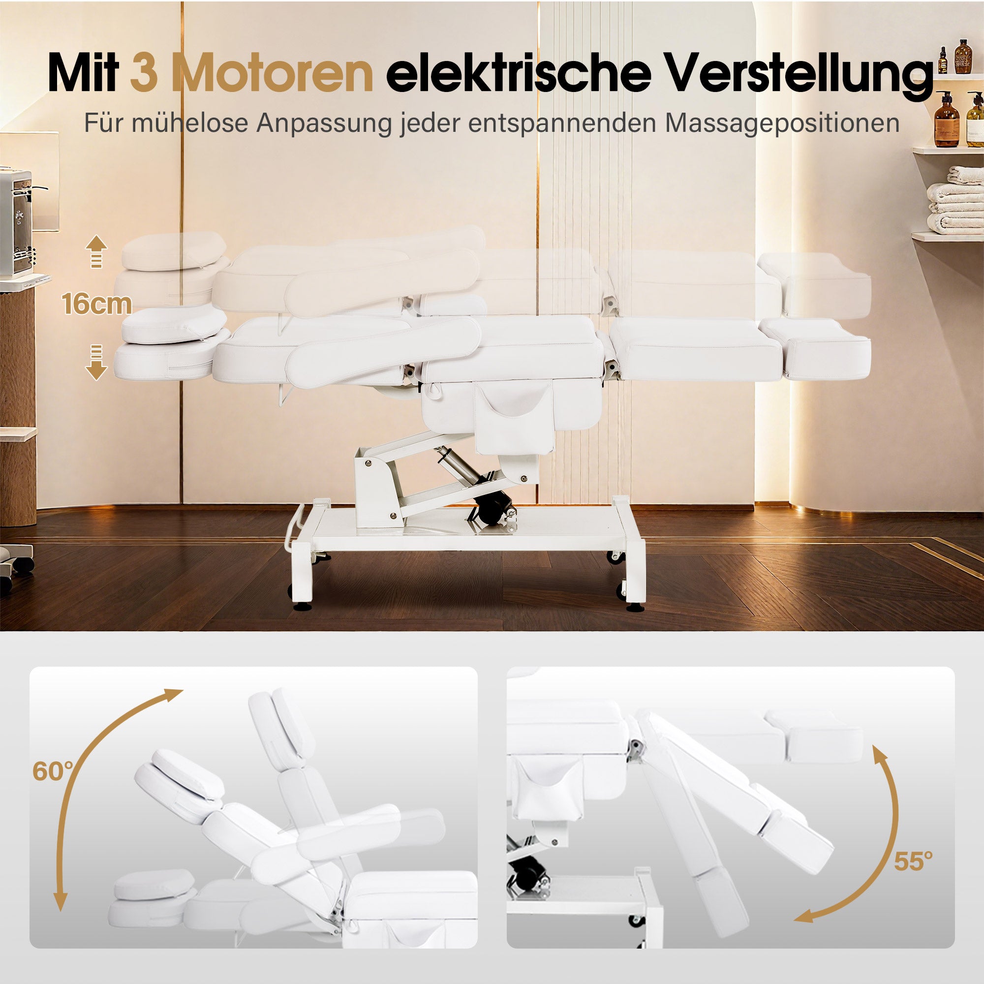 BarberPub Kosmetikliege Elektrisch mit 3 Motoren & Rollen, Massageliege Klappbar & 16CM Höhenverstellbar, 180°Drehbare Armlehnen, Tattoo Liege für SPA Salon 0754