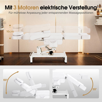 BarberPub Kosmetikliege Elektrisch mit 3 Motoren & Rollen, Massageliege Klappbar & 16CM Höhenverstellbar, 180°Drehbare Armlehnen, Tattoo Liege für SPA Salon 0754