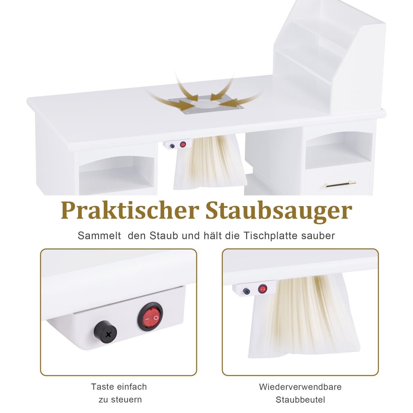 Barberpub Manikürtisch mit 2 Schubladen, Nageltisch mit Absaugung Weiß, Nagelfrisiertisch aus Holz, 4 Schrank, Regal, 2 Staubsaugerbeutel, Schreibtisch für Nagelstudio, 55x120x112,5cm, 2456