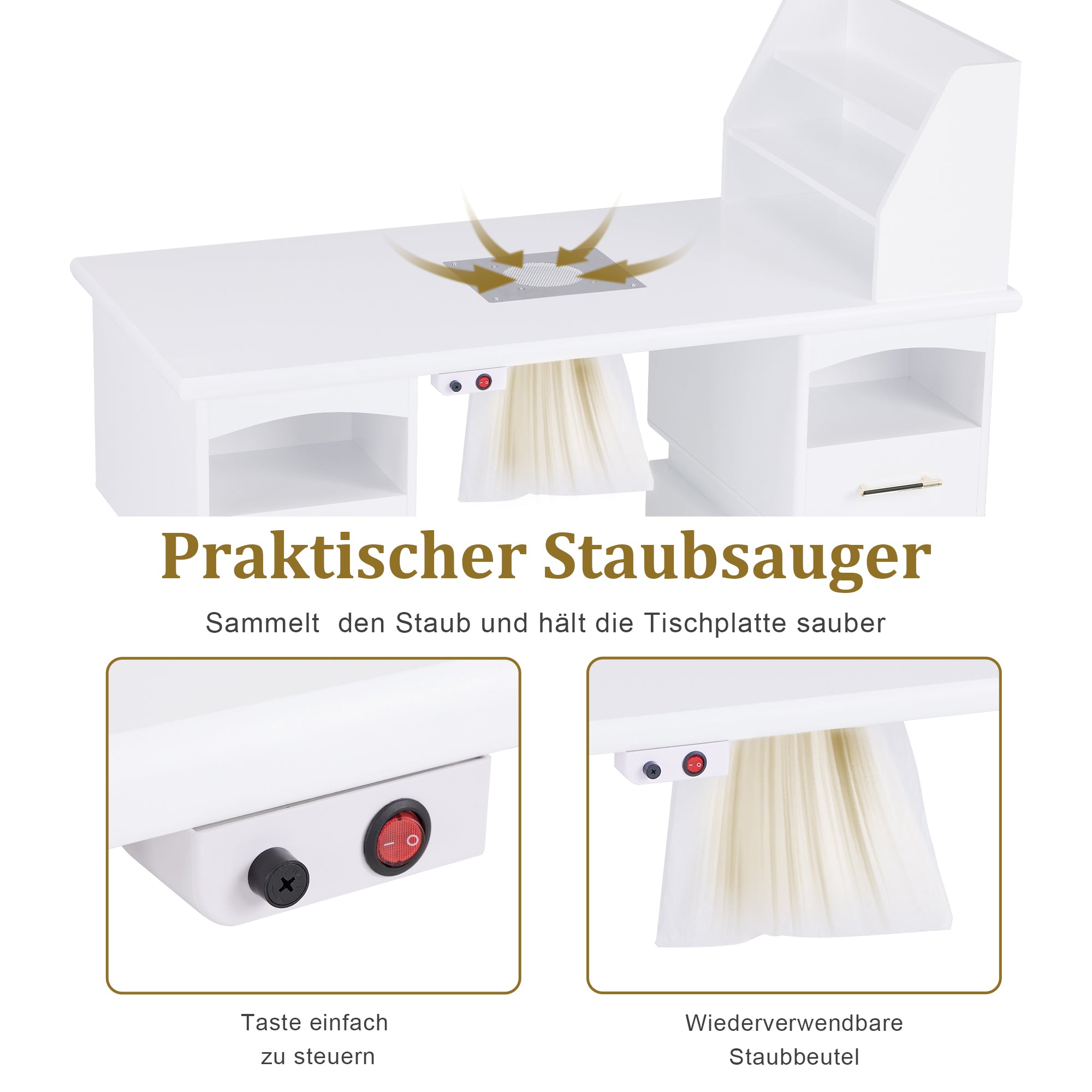 Barberpub Manikürtisch mit 2 Schubladen, Nageltisch mit Absaugung Weiß, Nagelfrisiertisch aus Holz, 4 Schrank, Regal, 2 Staubsaugerbeutel, Schreibtisch für Nagelstudio, 55x120x112,5cm, 2456