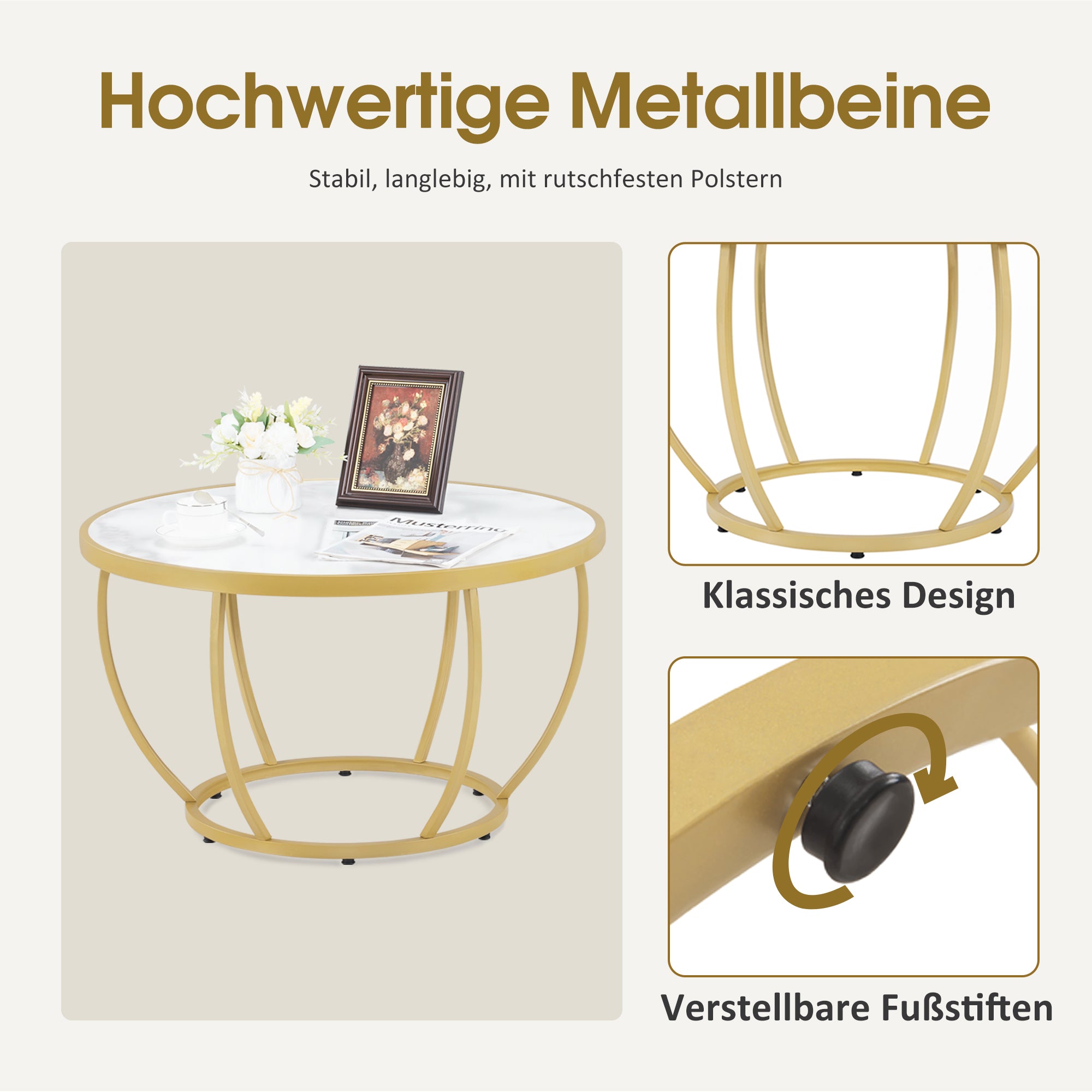 BarberPub Couchtisch Rund Holz, Moderner Sofatisch, Kleiner Beistelltisch Metall, Kaffeetisch für Wohnzimmer, Schönheitssalon, Wohnzimmertisch Marmor-Weiß Gold, 80x80x46,5cm, 2185