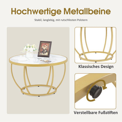 BarberPub Couchtisch Rund Holz, Moderner Sofatisch, Kleiner Beistelltisch Metall, Kaffeetisch für Wohnzimmer, Schönheitssalon, Wohnzimmertisch Marmor-Weiß Gold, 80x80x46,5cm, 2185