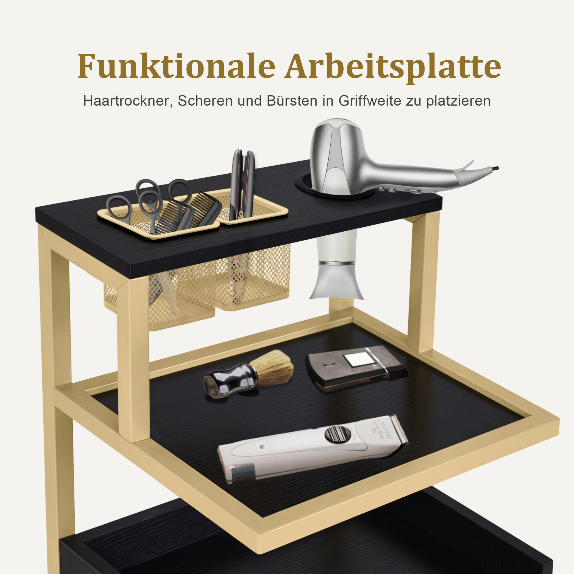 BarberPub Friseurwagen mit Rollen & 2 Schubladen, Rollwagen Servierwagen, Salon Trolley mit 2 Ablagen & Föhnhalter, Moderner Arbeitswagen für Bad Wohnzimmer, 32x37x87cm, 0029