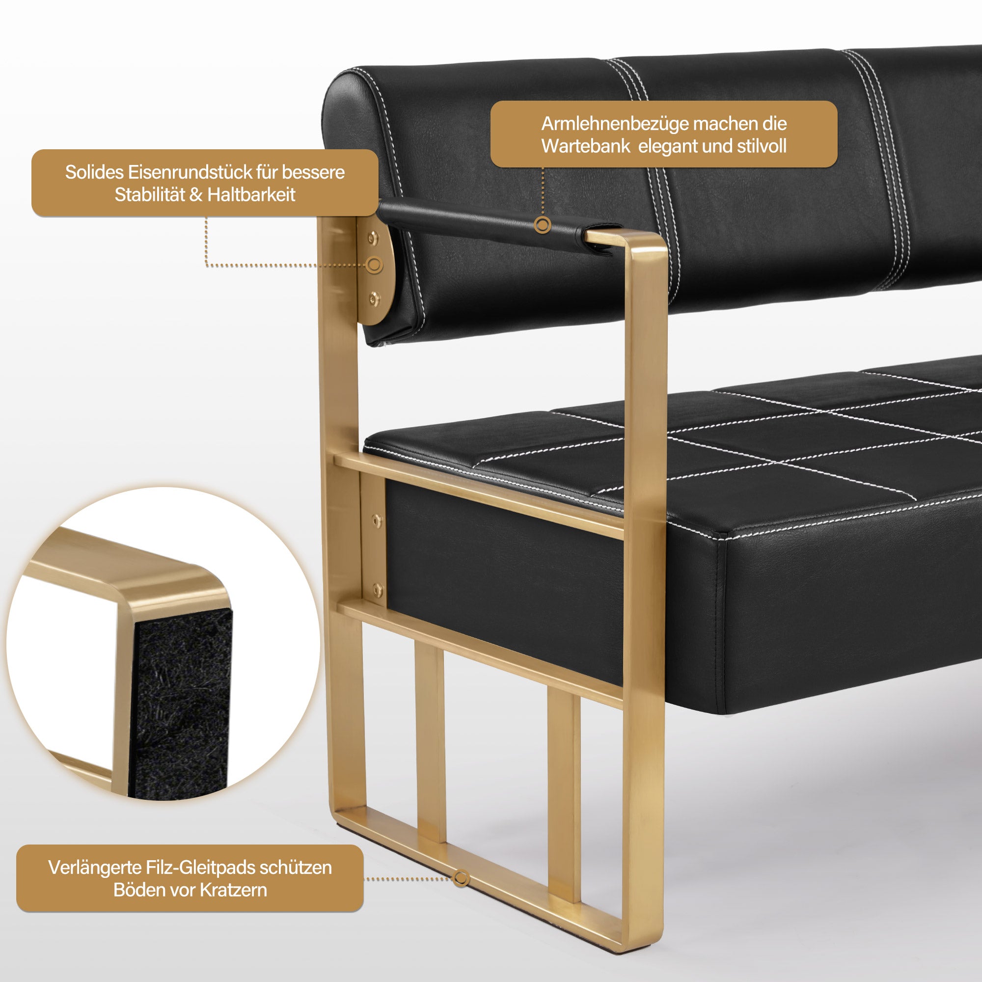 BarberPub 3-Sitzer Sitzbank mit goldenen Armlehne, Polsterbank mit Rückenlehne 140cm, Wartebank Friseur, Wohnzimmerbank, Friseureinrichtung W528 (Schwarz-Gold/Kunstleder)