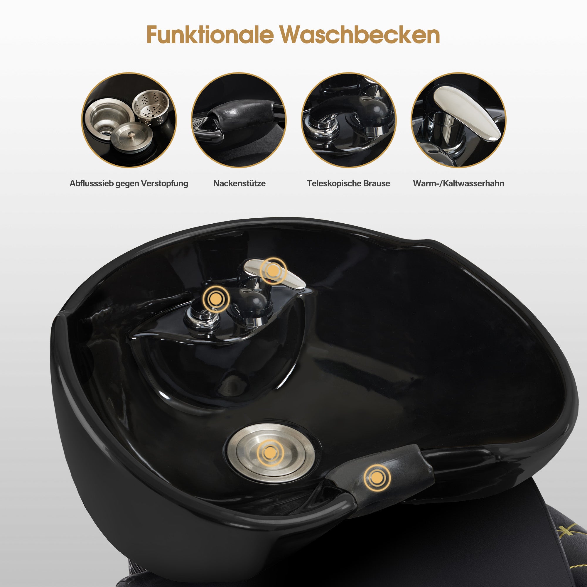 BarberPub Friseurstuhl mit Waschbecken Retro, Friseurwaschbecken aus Keramik Verstellbar, Friseurwaschsessel für SPA Salon, Friseur Waschplatz 8631 (Schwarz-Gold/Kunstleder)