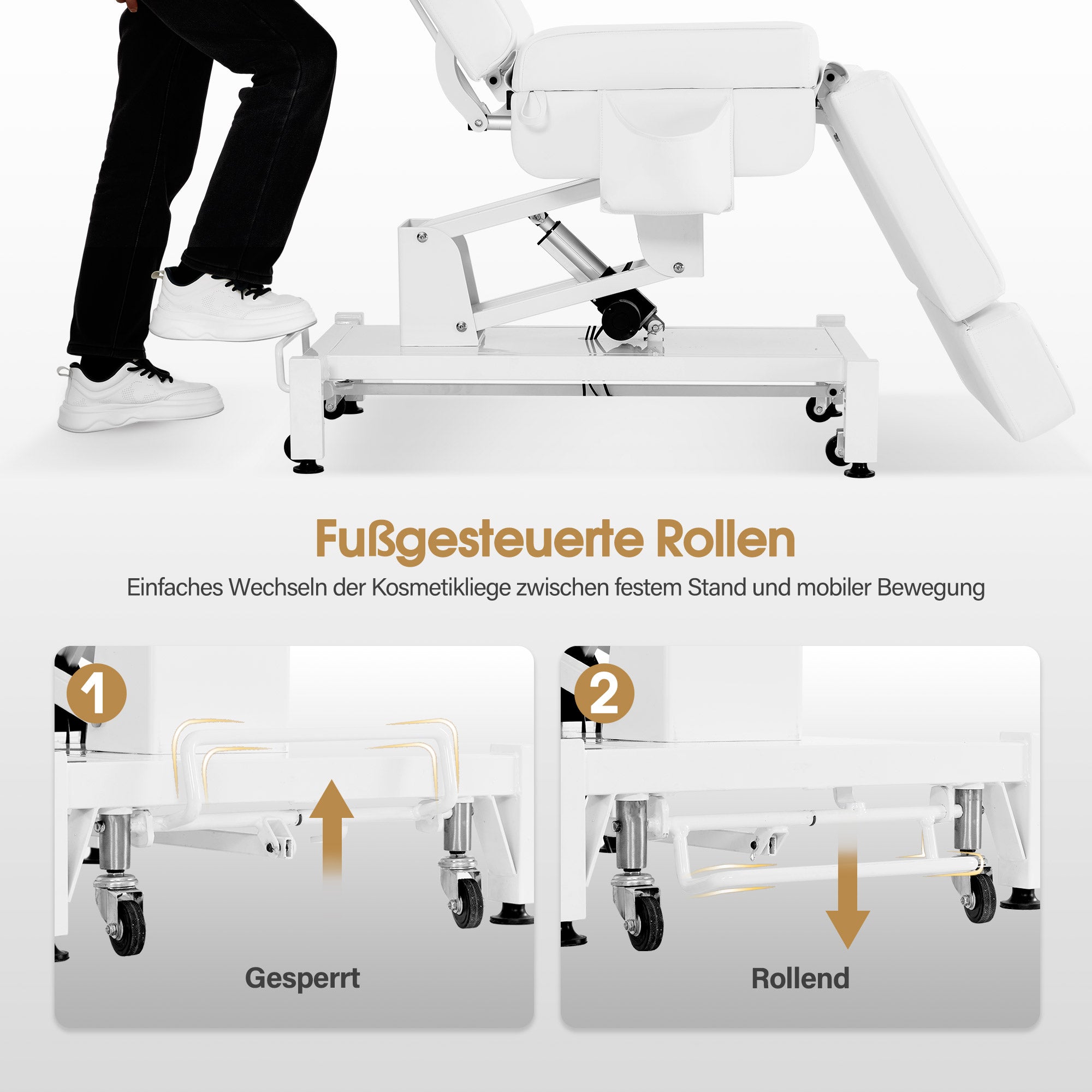 BarberPub Kosmetikliege Elektrisch mit 3 Motoren & Rollen, Massageliege Klappbar & 16CM Höhenverstellbar, 180°Drehbare Armlehnen, Tattoo Liege für SPA Salon 0754