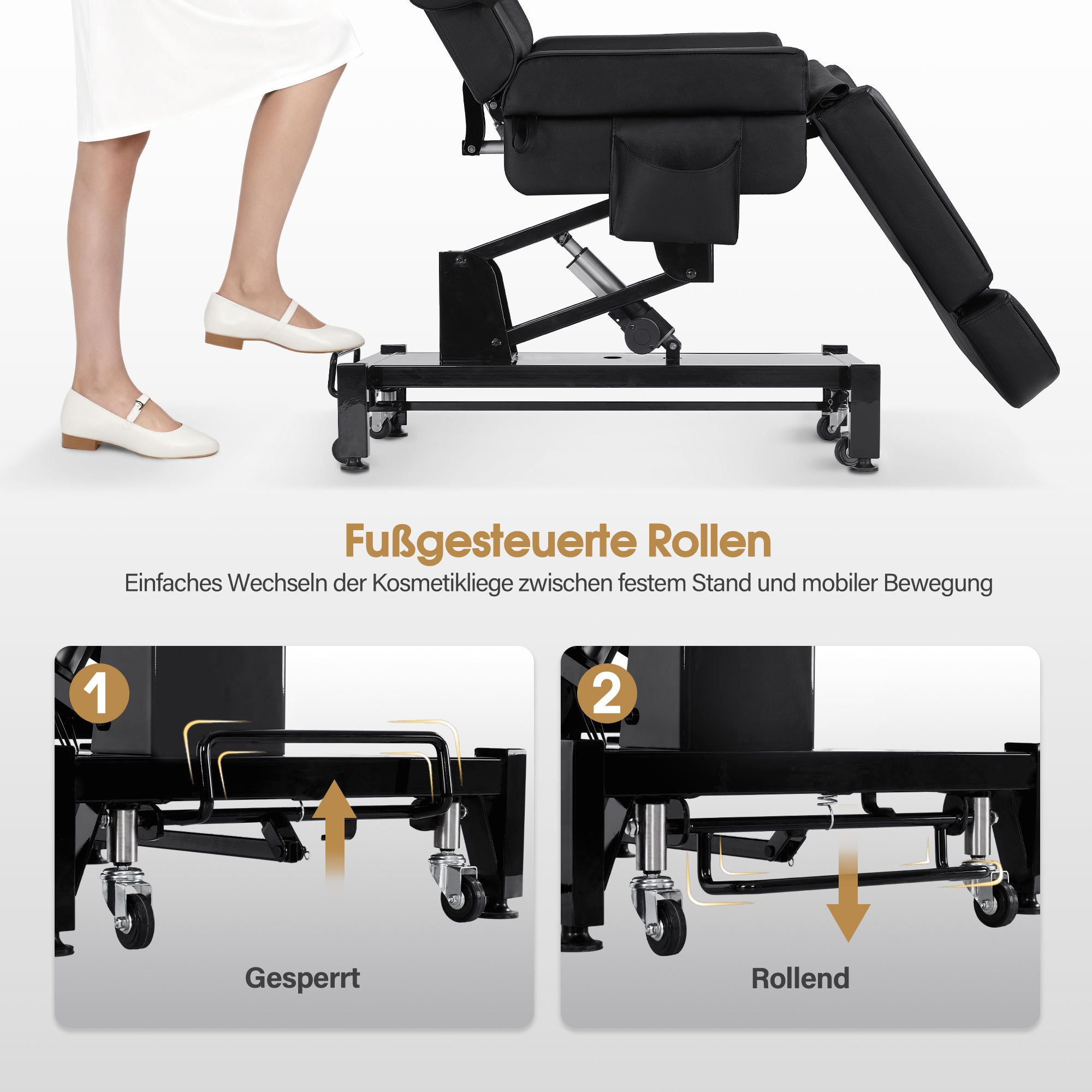 BarberPub Kosmetikliege Elektrisch mit 3 Motoren & Rollen, Massageliege Klappbar & 16CM Höhenverstellbar, 180°Drehbare Armlehnen, Tattoo Liege für SPA Salon 0754