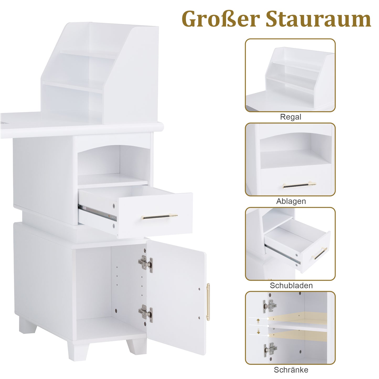 Barberpub Manikürtisch mit 2 Schubladen, Nageltisch mit Absaugung Weiß, Nagelfrisiertisch aus Holz, 4 Schrank, Regal, 2 Staubsaugerbeutel, Schreibtisch für Nagelstudio, 55x120x112,5cm, 2456
