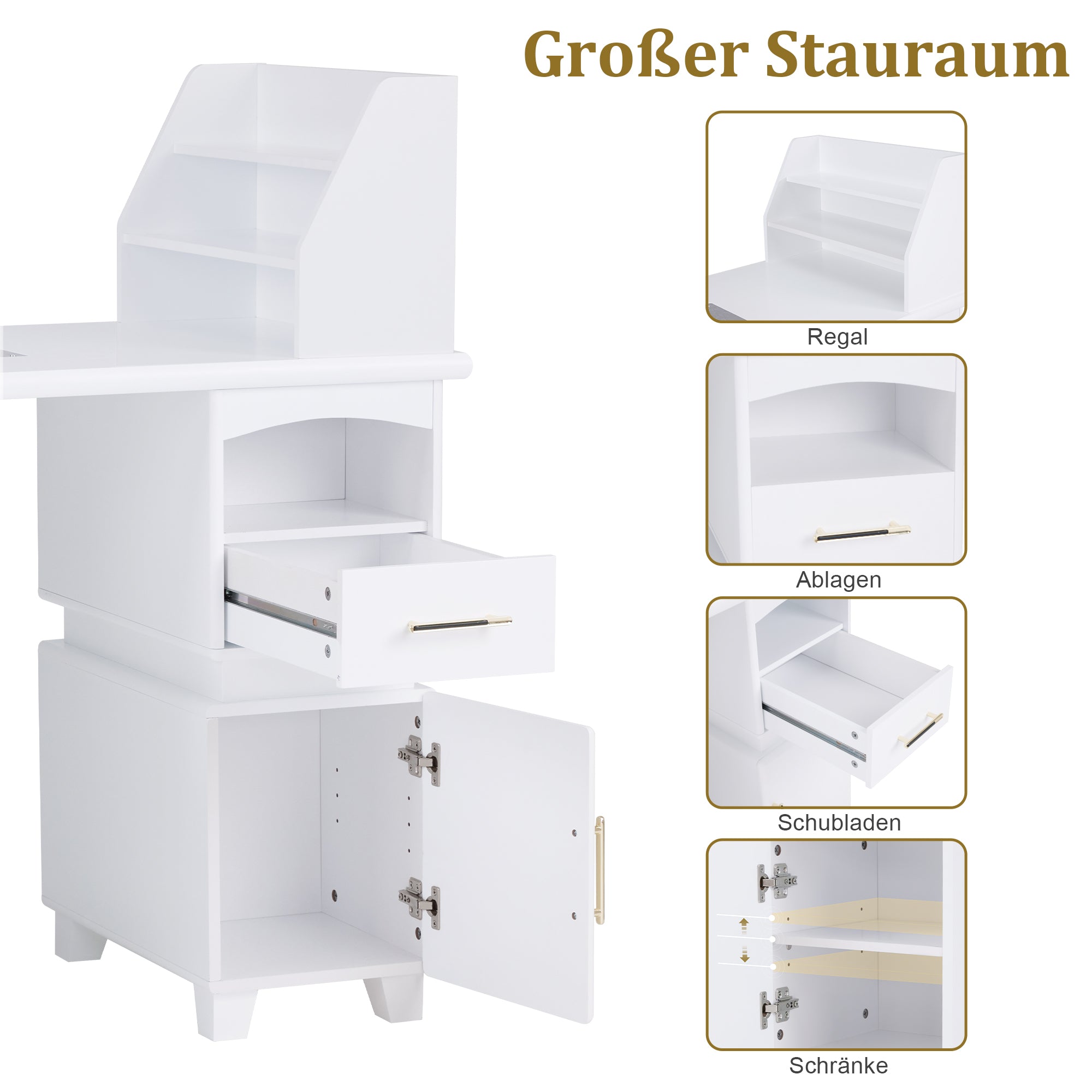 Barberpub Manikürtisch mit 2 Schubladen, Nageltisch mit Absaugung Weiß, Nagelfrisiertisch aus Holz, 4 Schrank, Regal, 2 Staubsaugerbeutel, Schreibtisch für Nagelstudio, 55x120x112,5cm, 2456