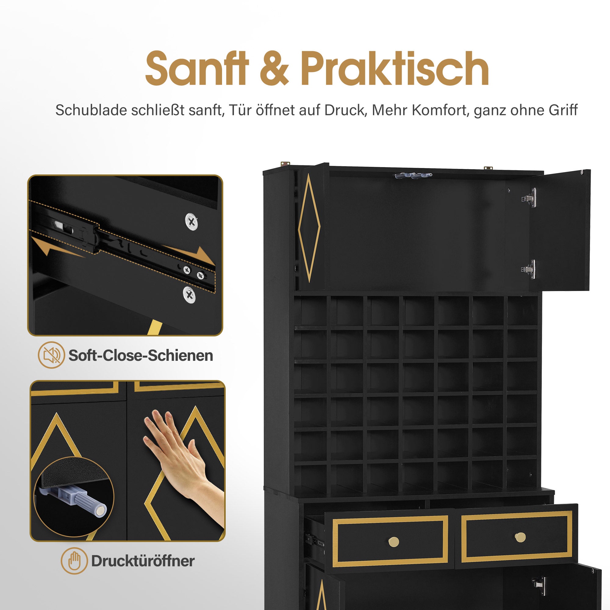 BarberPub Towel Cabinet with 2 Drawers, 42 Open Compartments & 4 Cabinets, Bathroom Cabinet Black, Tall Storage Cabinet Wood for Barbershop, Beauty Salon R6194/R6179