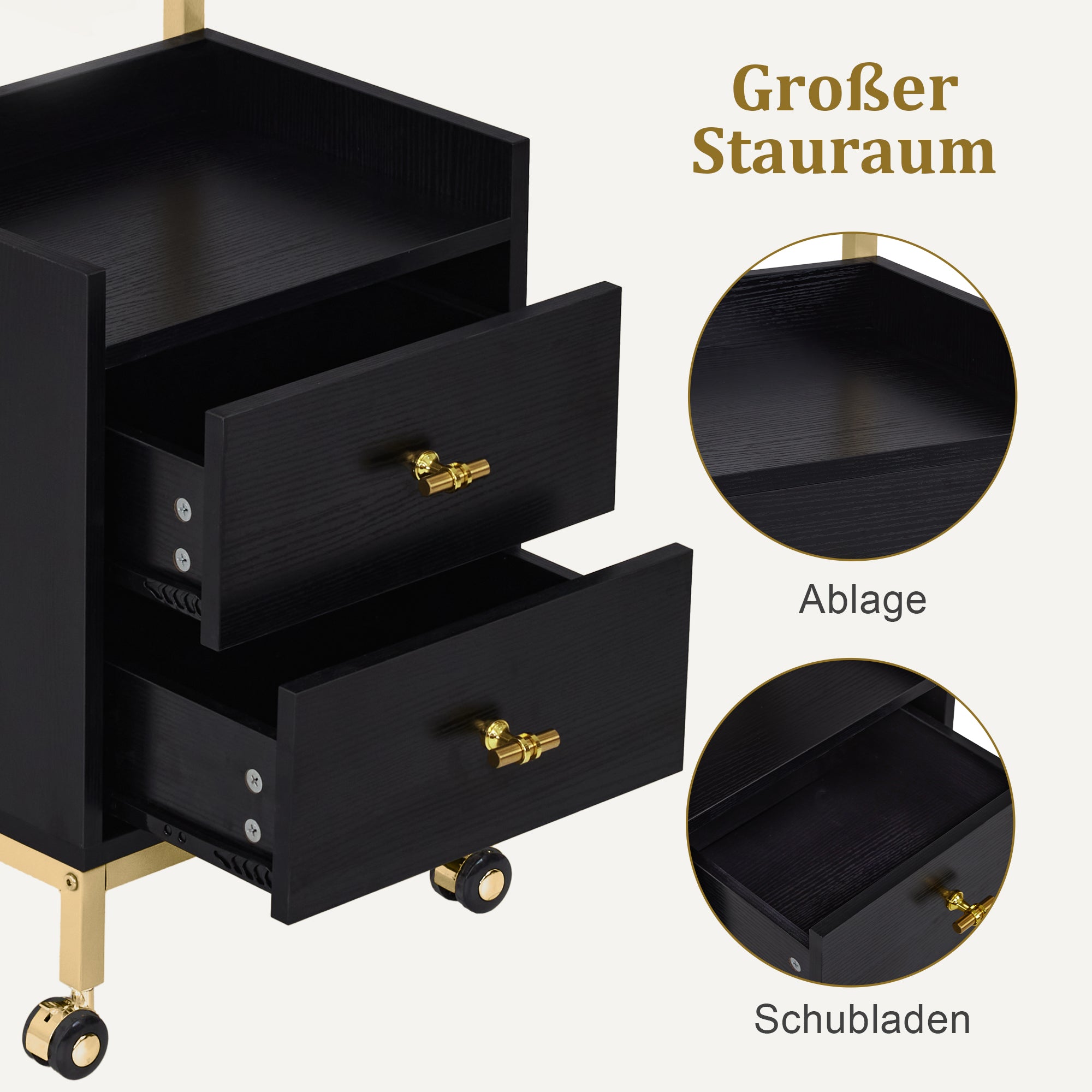 BarberPub Friseurwagen mit Rollen & 2 Schubladen, Rollwagen Servierwagen, Salon Trolley mit 2 Ablagen & Föhnhalter, Moderner Arbeitswagen für Bad Wohnzimmer, 32x37x87cm, 0029