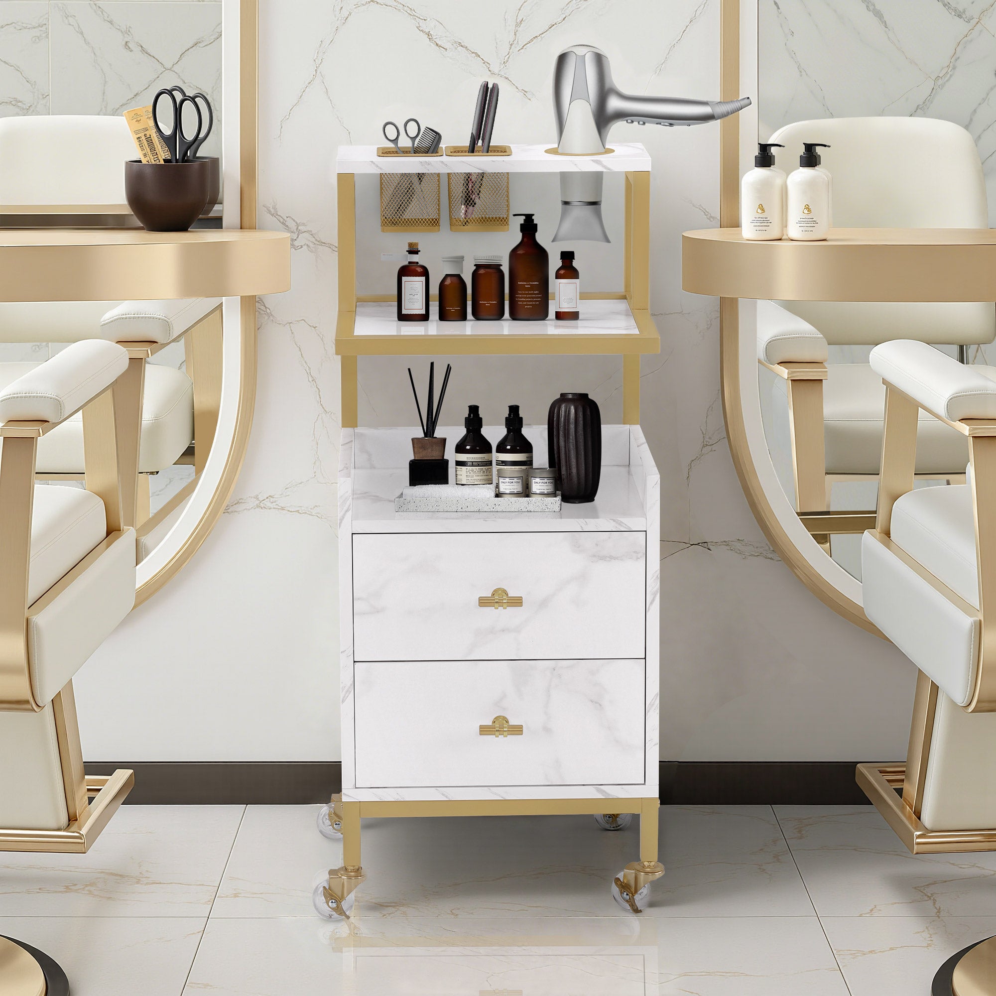 BarberPub Friseurwagen mit Rollen & 2 Schubladen, Rollwagen Servierwagen, Salon Trolley mit 2 Ablagen & Föhnhalter, Moderner Arbeitswagen für Bad Wohnzimmer, 32x37x87cm, 0029