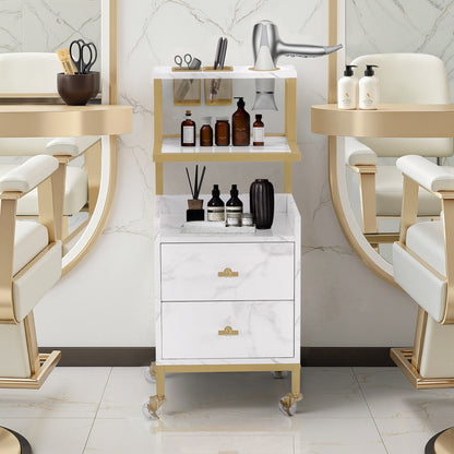 BarberPub Friseurwagen mit Rollen & 2 Schubladen, Rollwagen Servierwagen, Salon Trolley mit 2 Ablagen & Föhnhalter, Moderner Arbeitswagen für Bad Wohnzimmer, 32x37x87cm, 0029