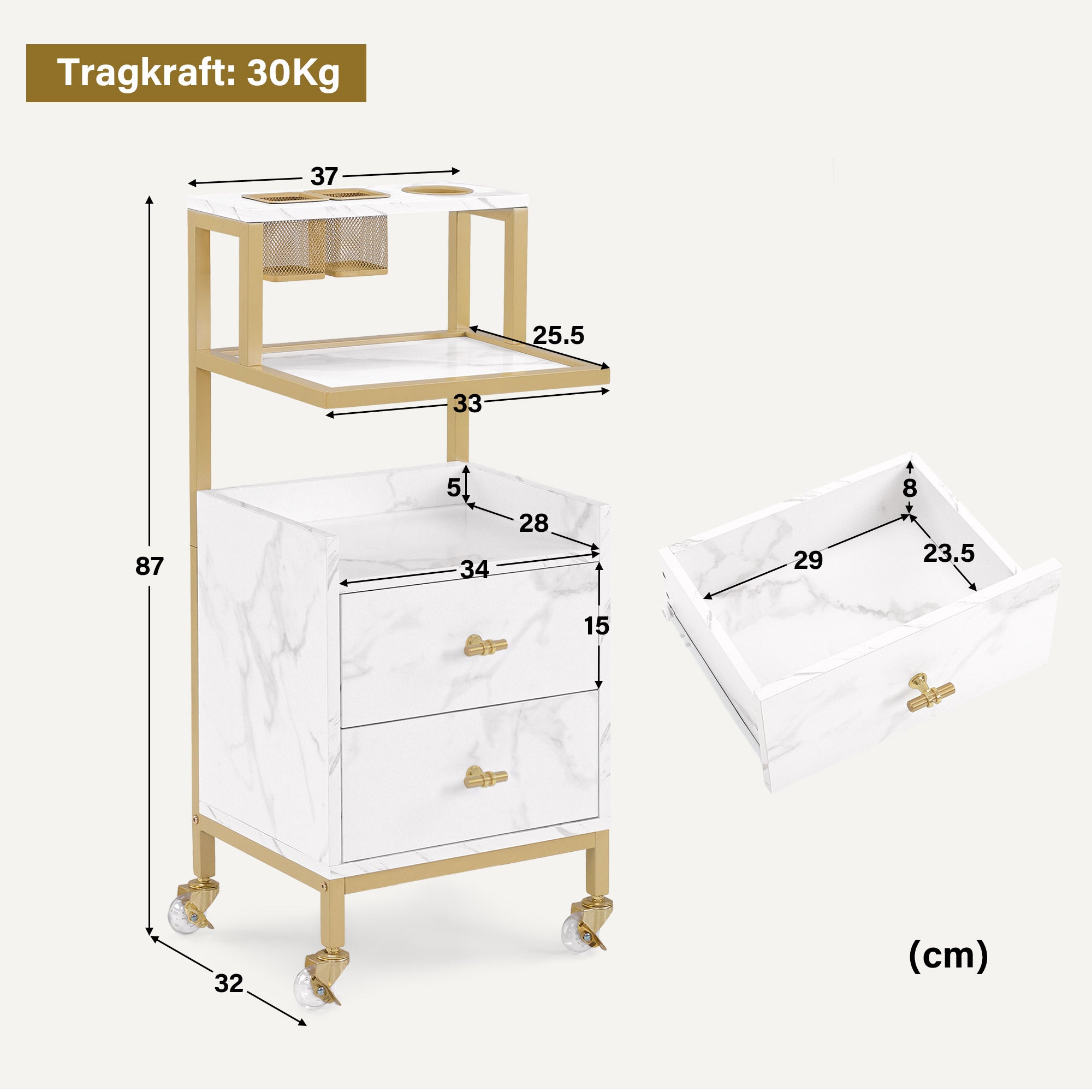 BarberPub Friseurwagen mit Rollen & 2 Schubladen, Rollwagen Servierwagen, Salon Trolley mit 2 Ablagen & Föhnhalter, Moderner Arbeitswagen für Bad Wohnzimmer, 32x37x87cm, 0029