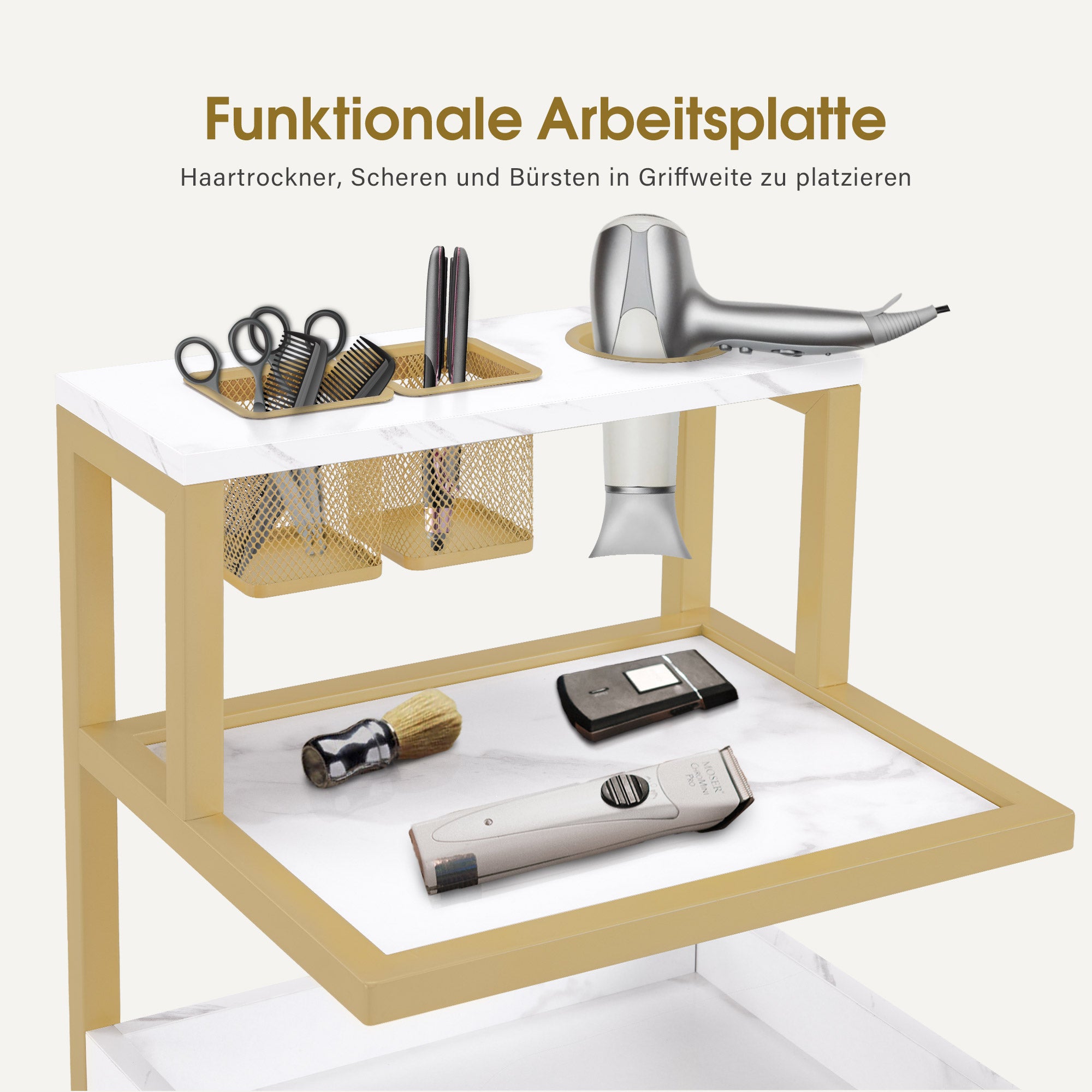 BarberPub Friseurwagen mit Rollen & 2 Schubladen, Rollwagen Servierwagen, Salon Trolley mit 2 Ablagen & Föhnhalter, Moderner Arbeitswagen für Bad Wohnzimmer, 32x37x87cm, 0029