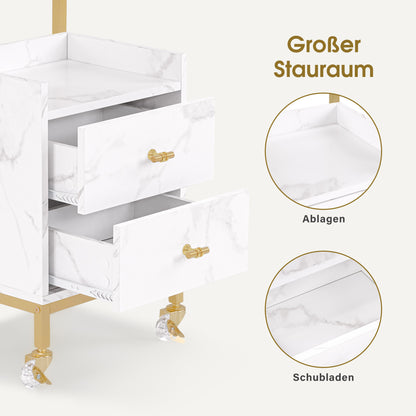 BarberPub Friseurwagen mit Rollen & 2 Schubladen, Rollwagen Servierwagen, Salon Trolley mit 2 Ablagen & Föhnhalter, Moderner Arbeitswagen für Bad Wohnzimmer, 32x37x87cm, 0029