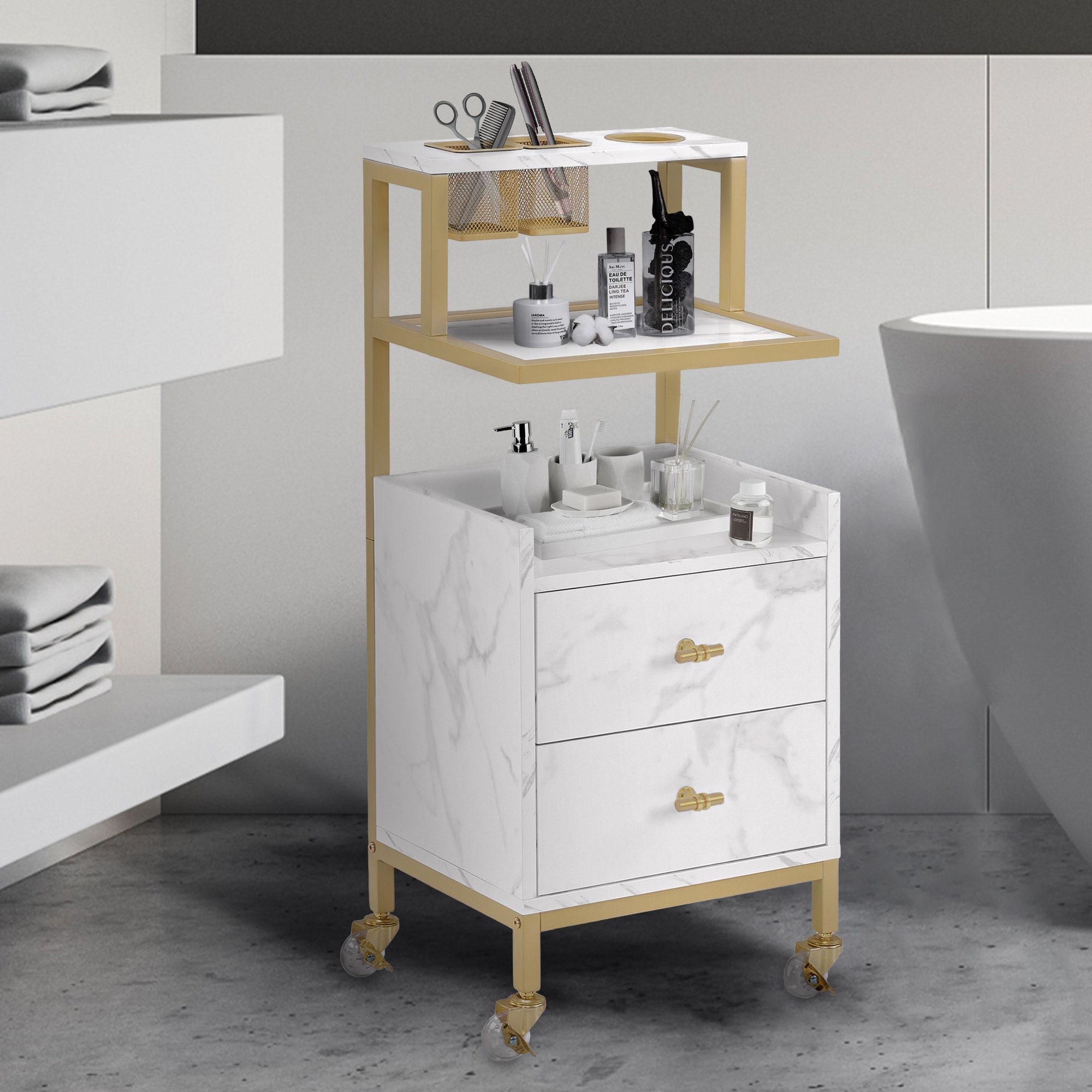 BarberPub Friseurwagen mit Rollen & 2 Schubladen, Rollwagen Servierwagen, Salon Trolley mit 2 Ablagen & Föhnhalter, Moderner Arbeitswagen für Bad Wohnzimmer, 32x37x87cm, 0029