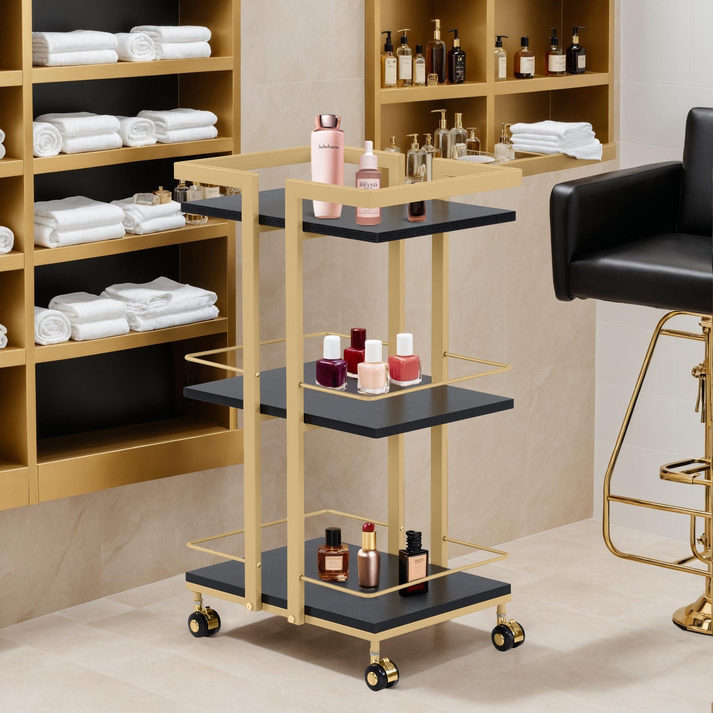 Barberpub Servierwagen mit Rollen, Küchenwagen Barwagen Metallgestell, Moderne Rollwagen Mehrzweckwagen mit 3 Ebenen, für Küche Bad Wohnzimmer Büro, 48*43*76cm, 0033