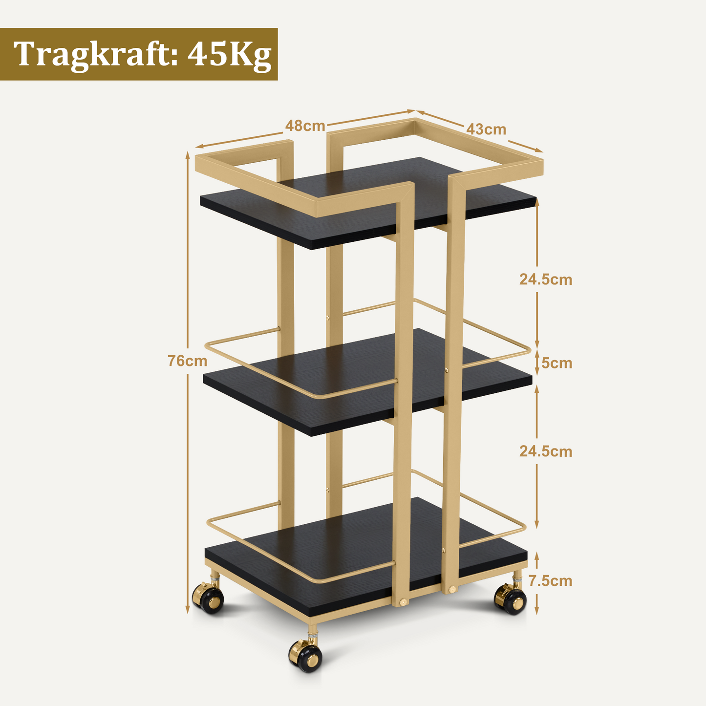 Barberpub Servierwagen mit Rollen, Küchenwagen Barwagen Metallgestell, Moderne Rollwagen Mehrzweckwagen mit 3 Ebenen, für Küche Bad Wohnzimmer Büro, 48*43*76cm, 0033