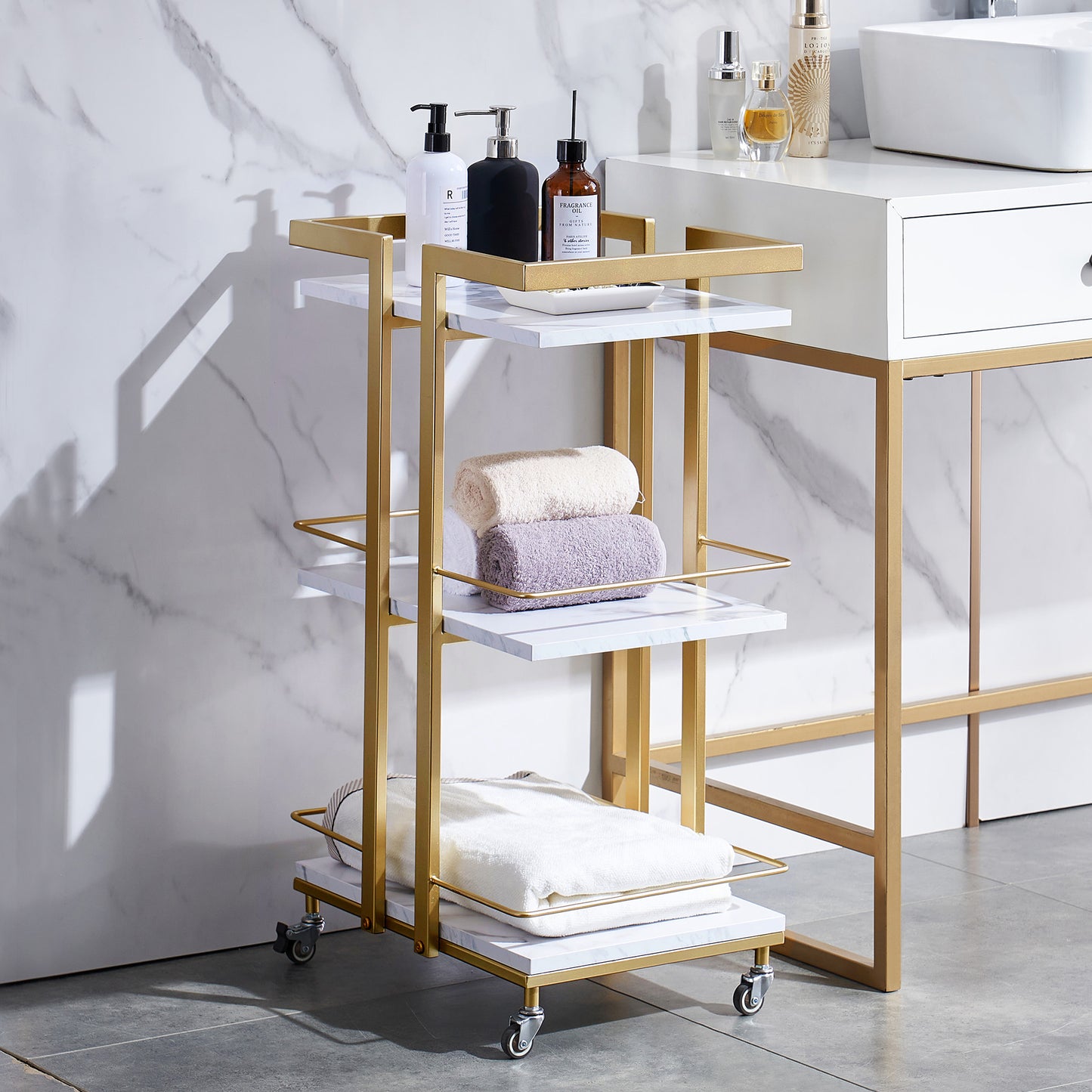 Barberpub Servierwagen mit Rollen, Küchenwagen Barwagen Metallgestell, Moderne Rollwagen Mehrzweckwagen mit 3 Ebenen, für Küche Bad Wohnzimmer Büro, 48*43*76cm, 0033