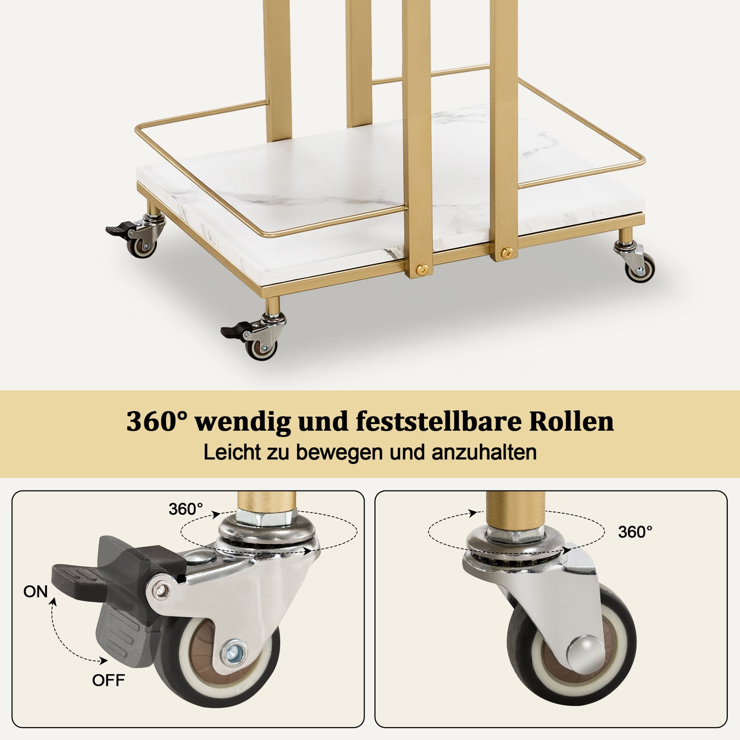 Barberpub Servierwagen mit Rollen, Küchenwagen Barwagen Metallgestell, Moderne Rollwagen Mehrzweckwagen mit 3 Ebenen, für Küche Bad Wohnzimmer Büro, 48*43*76cm, 0033