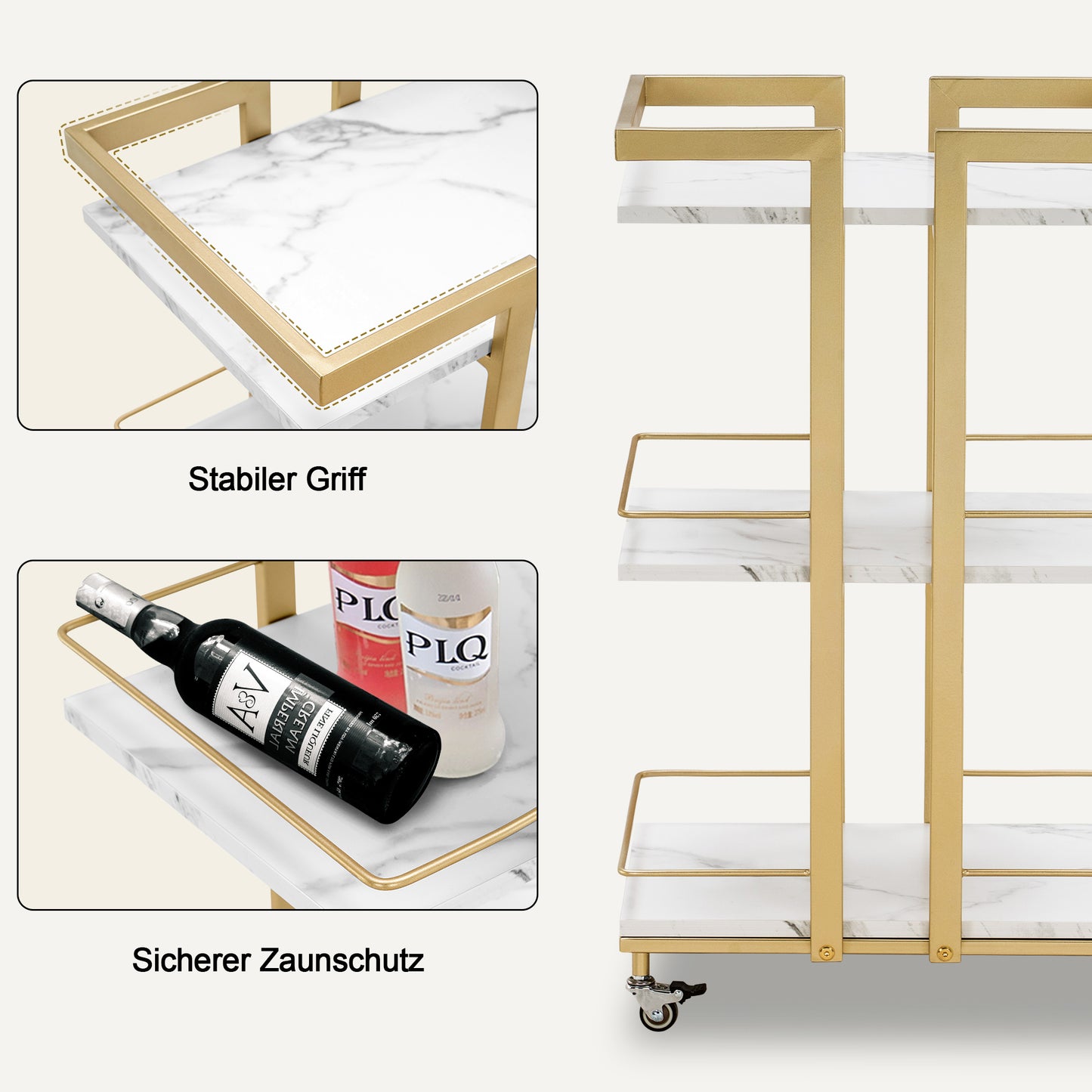 Barberpub Servierwagen mit Rollen, Küchenwagen Barwagen Metallgestell, Moderne Rollwagen Mehrzweckwagen mit 3 Ebenen, für Küche Bad Wohnzimmer Büro, 48*43*76cm, 0033